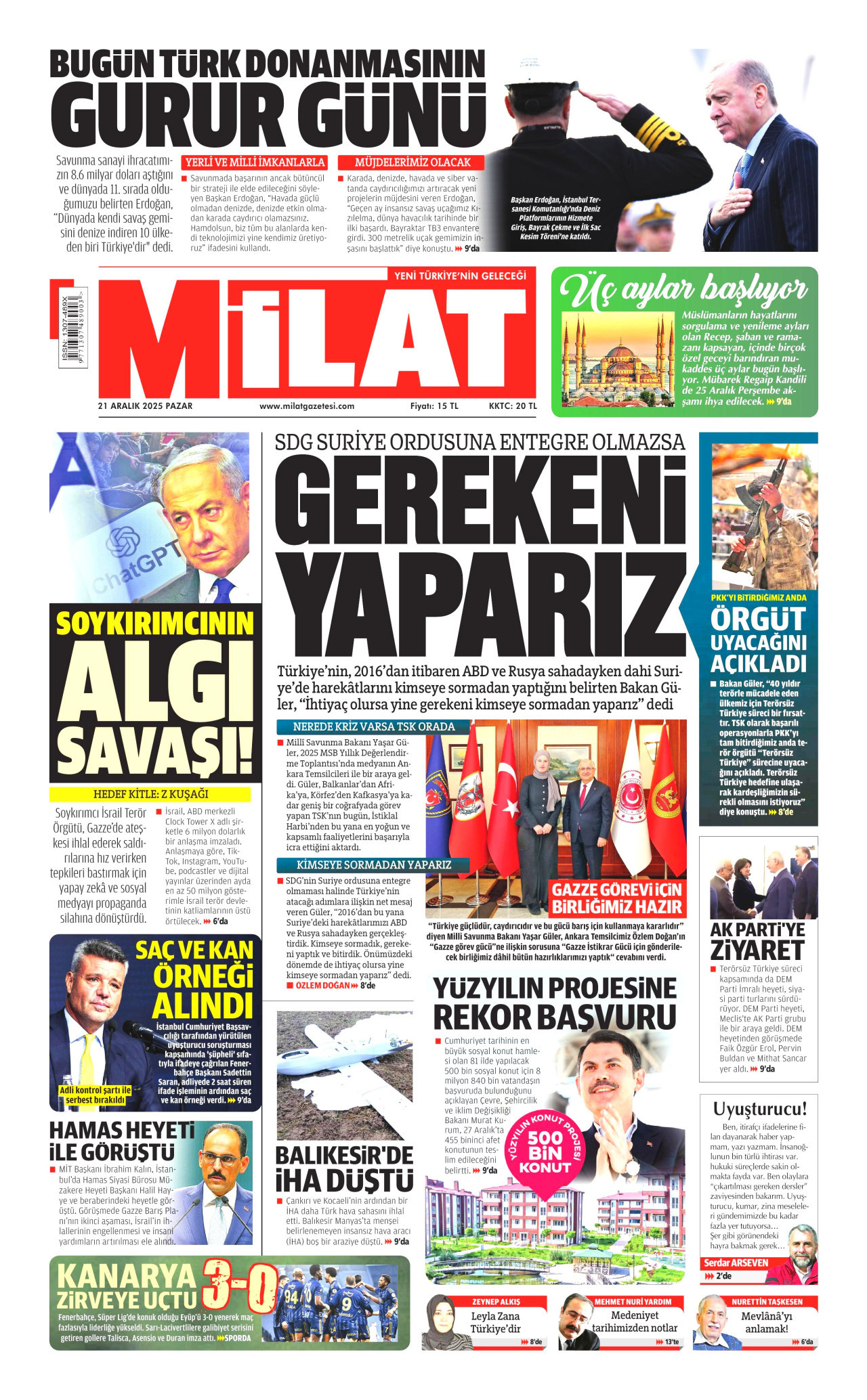 MİLAT gazetesinin 21 Aralık 2025 tarihli birinci sayfası