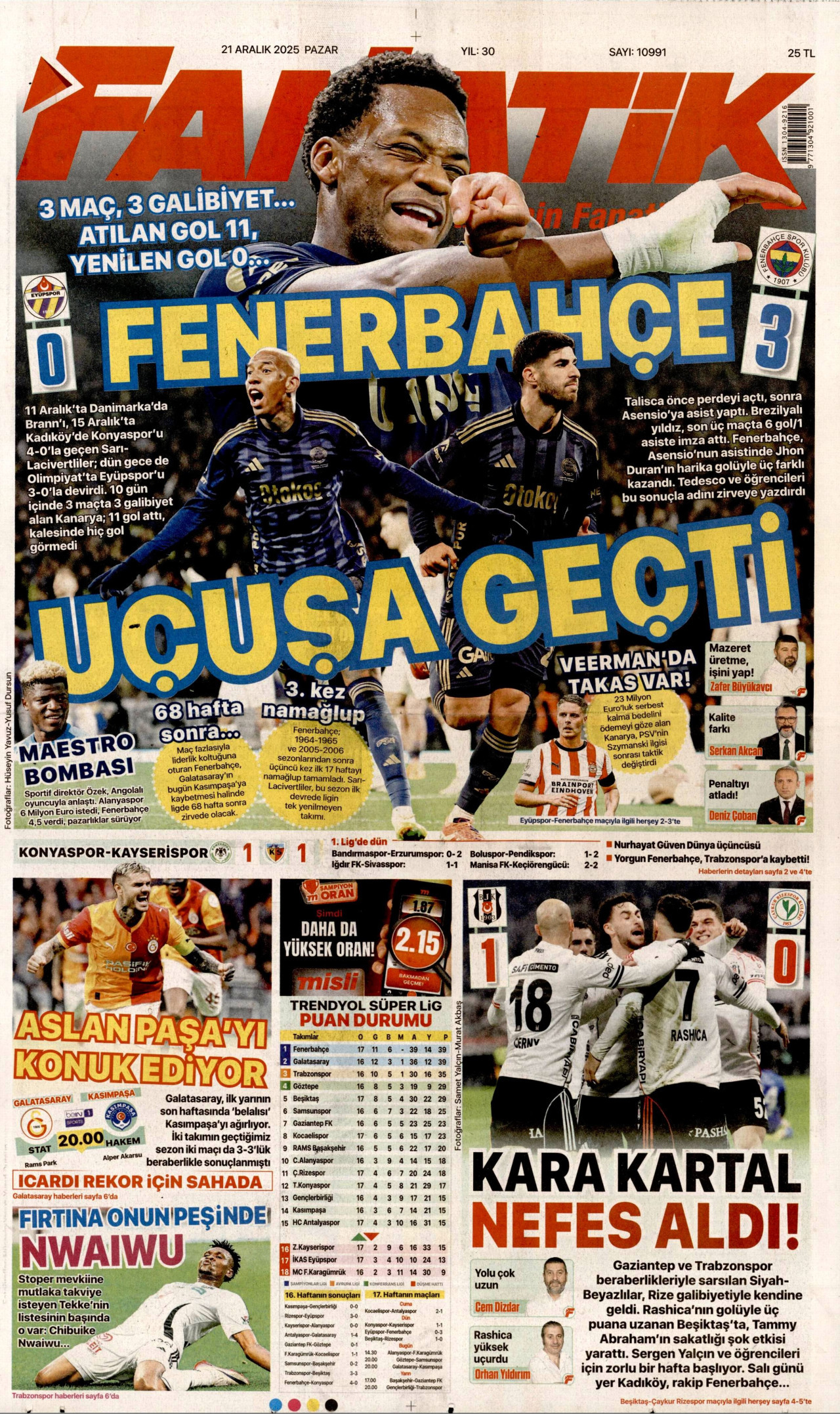 FANATİK gazetesinin 21 Aralık 2025 tarihli birinci sayfası