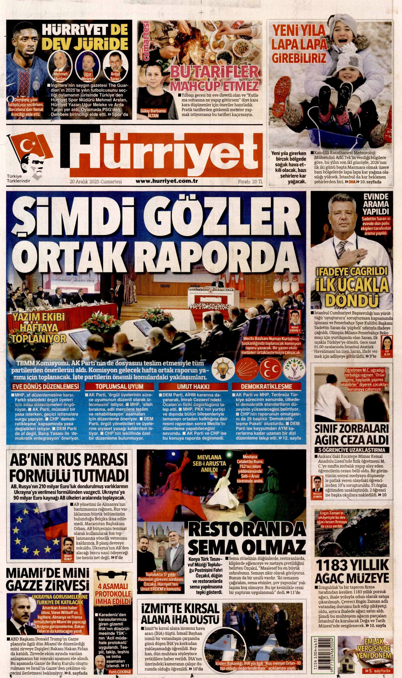HÜRRİYET gazetesinin 20 Aralık 2025 tarihli birinci sayfası