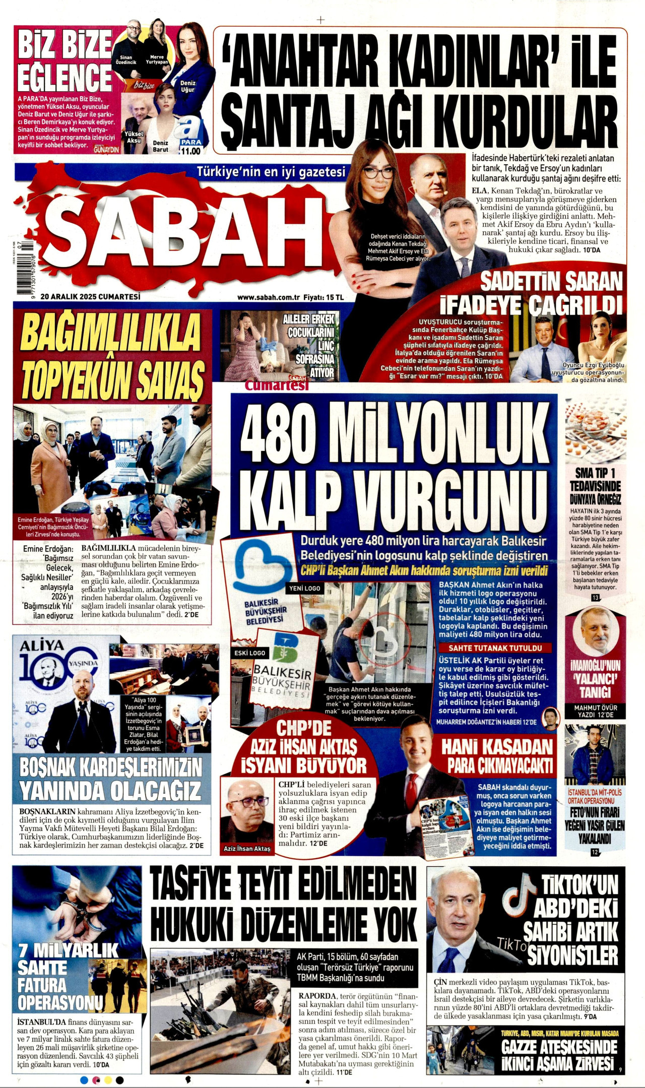 SABAH gazetesinin 20 Aralık 2025 tarihli birinci sayfası