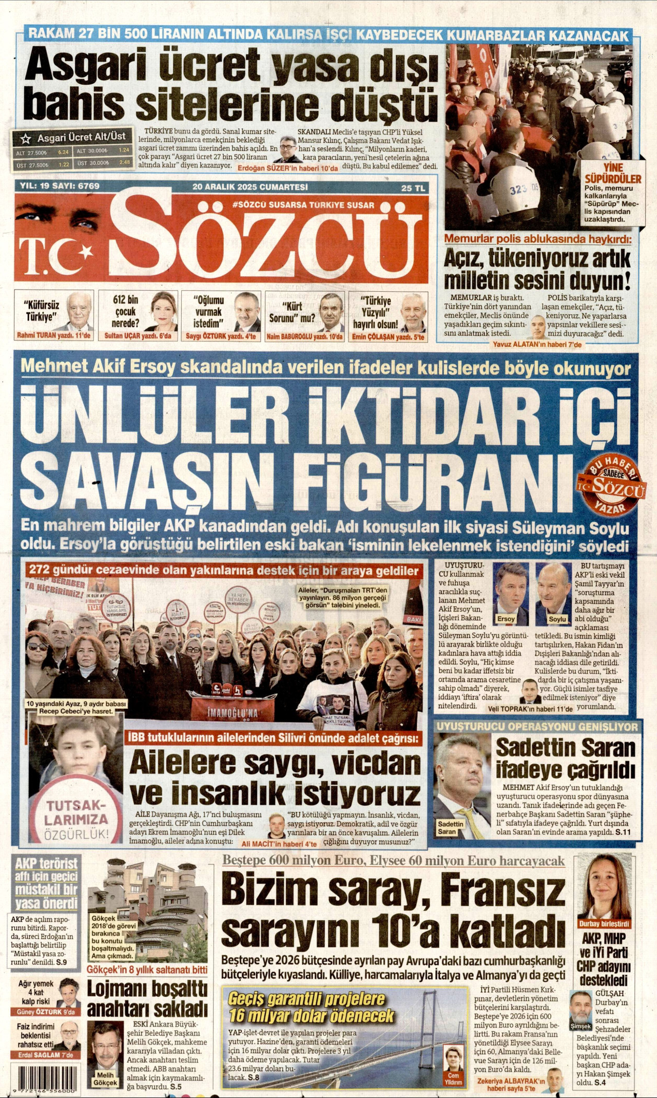 SÖZCÜ gazetesinin 20 Aralık 2025 tarihli birinci sayfası