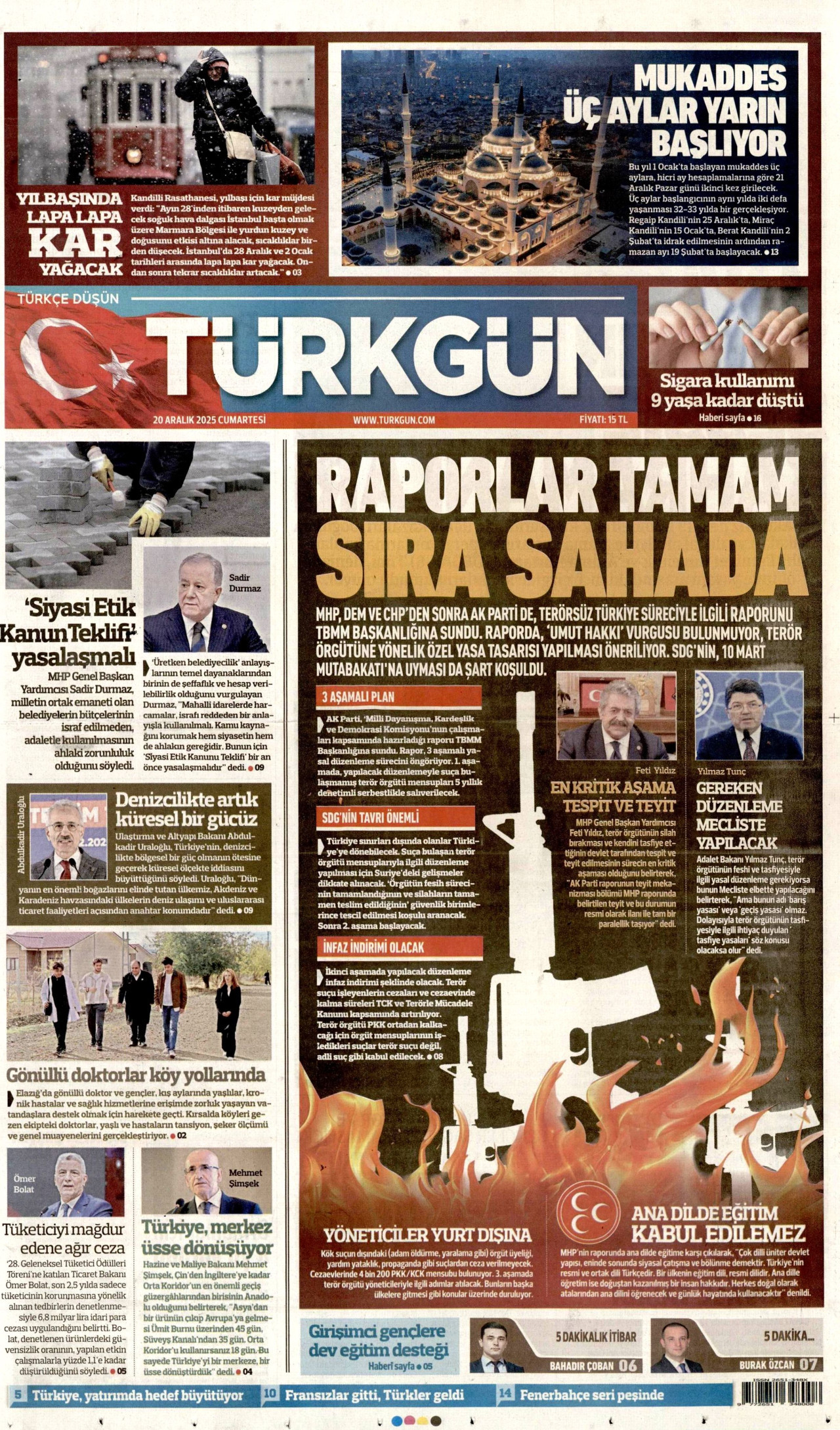 TÜRKGÜN gazetesinin 20 Aralık 2025 tarihli birinci sayfası