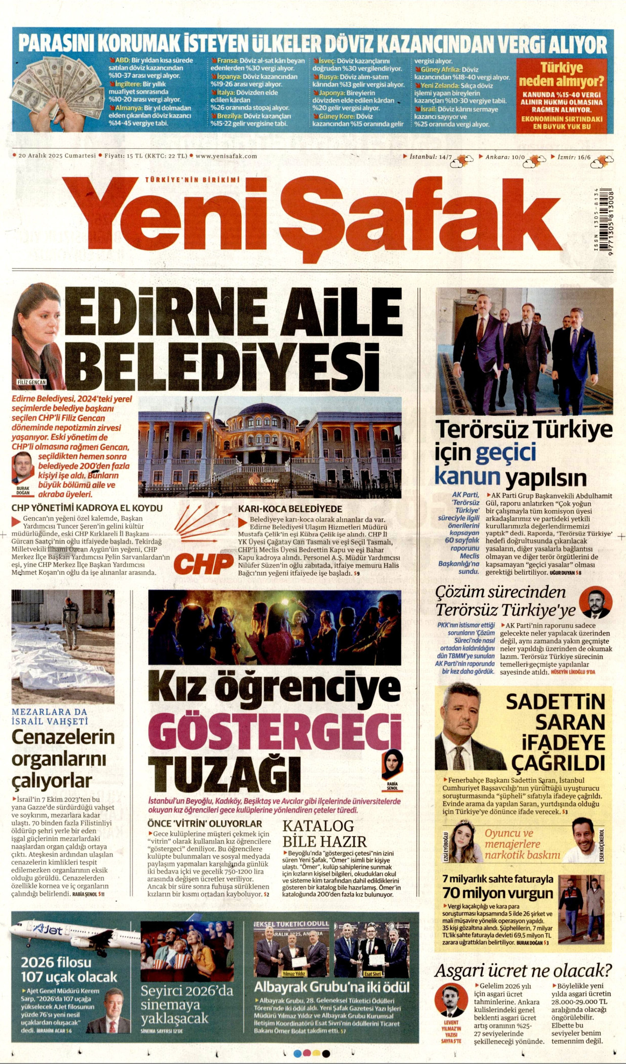 YENİ ŞAFAK gazetesinin 20 Aralık 2025 tarihli birinci sayfası