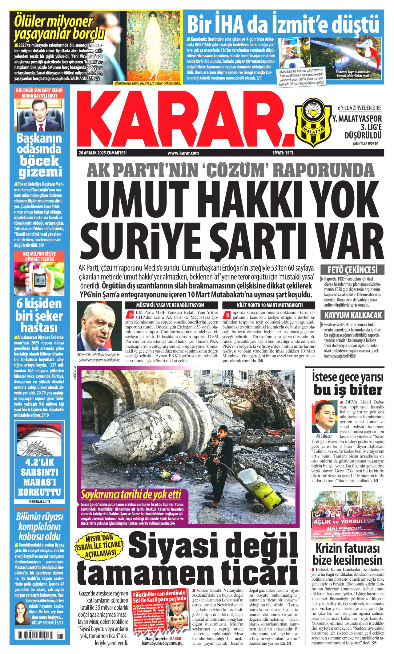 KARAR gazetesinin 20 Aralık 2025 tarihli birinci sayfası