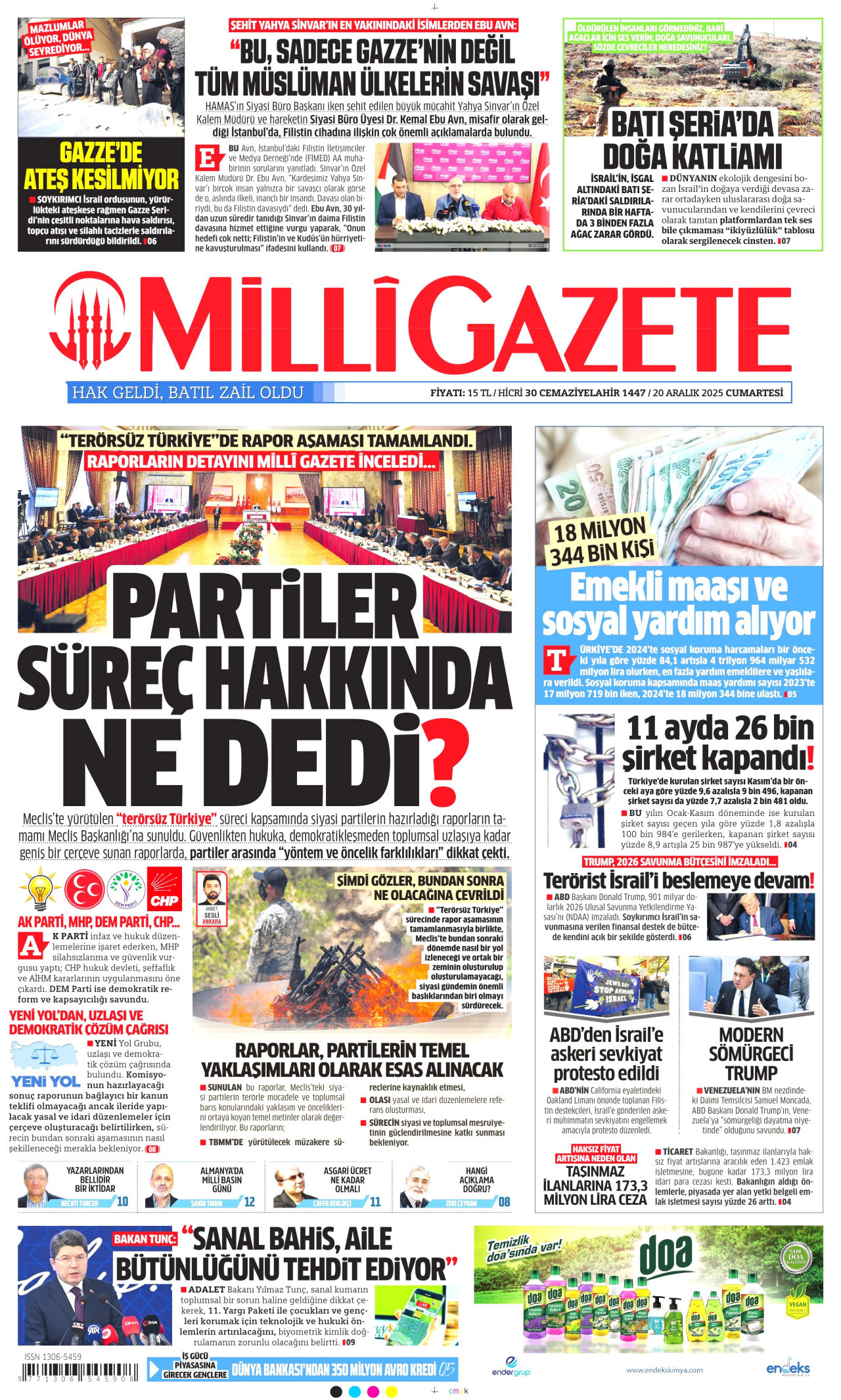 MİLLİ GAZETE gazetesinin 20 Aralık 2025 tarihli birinci sayfası