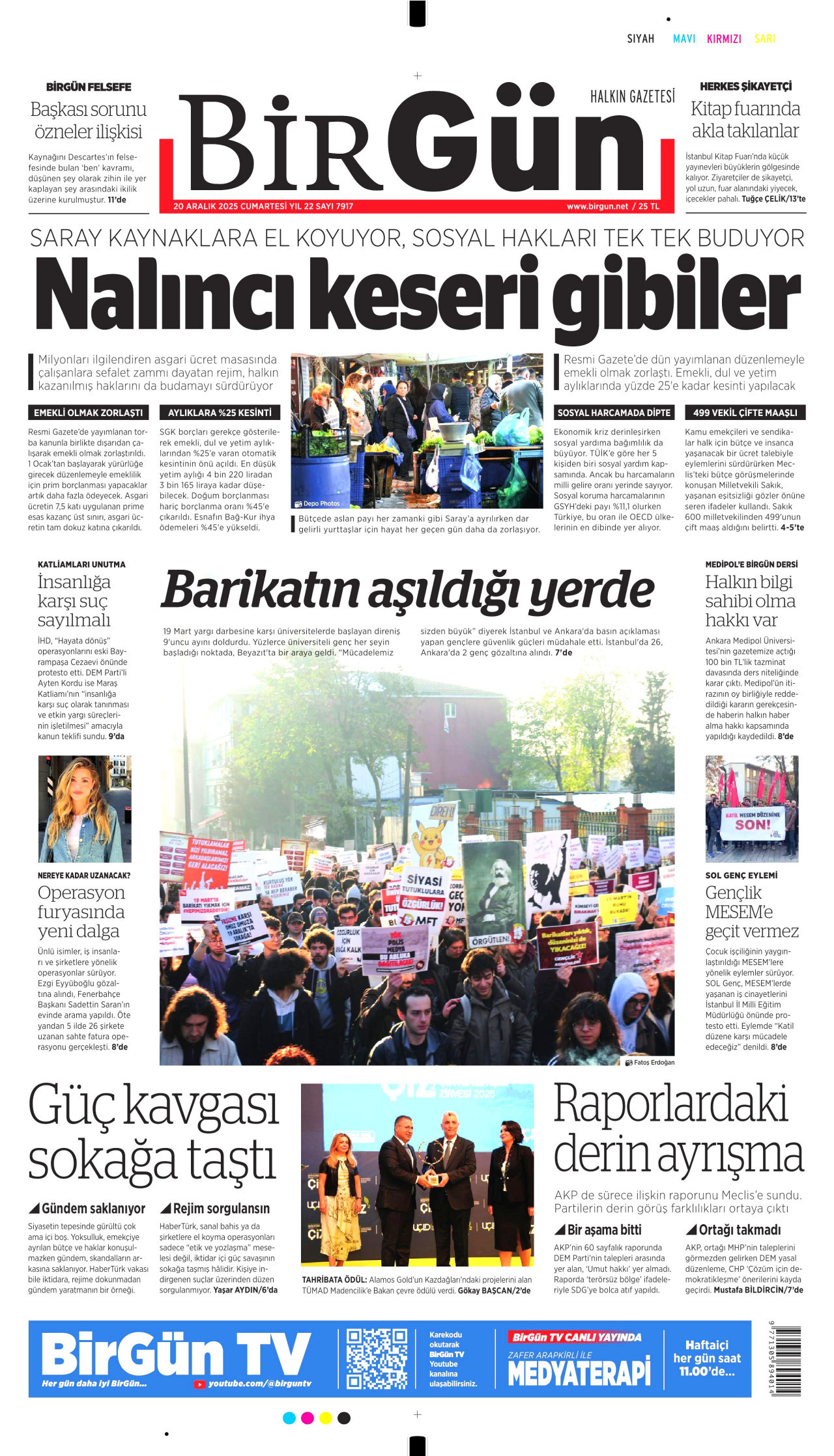 BİRGÜN gazetesinin 20 Aralık 2025 tarihli birinci sayfası