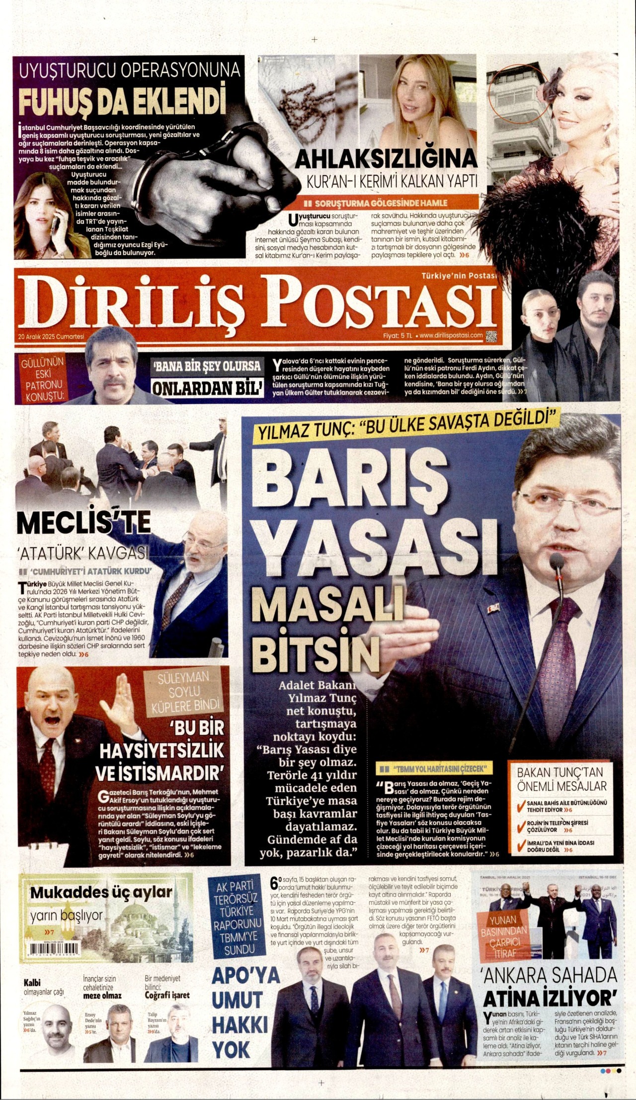 DİRİLİŞ POSTASI gazetesinin 20 Aralık 2025 tarihli birinci sayfası