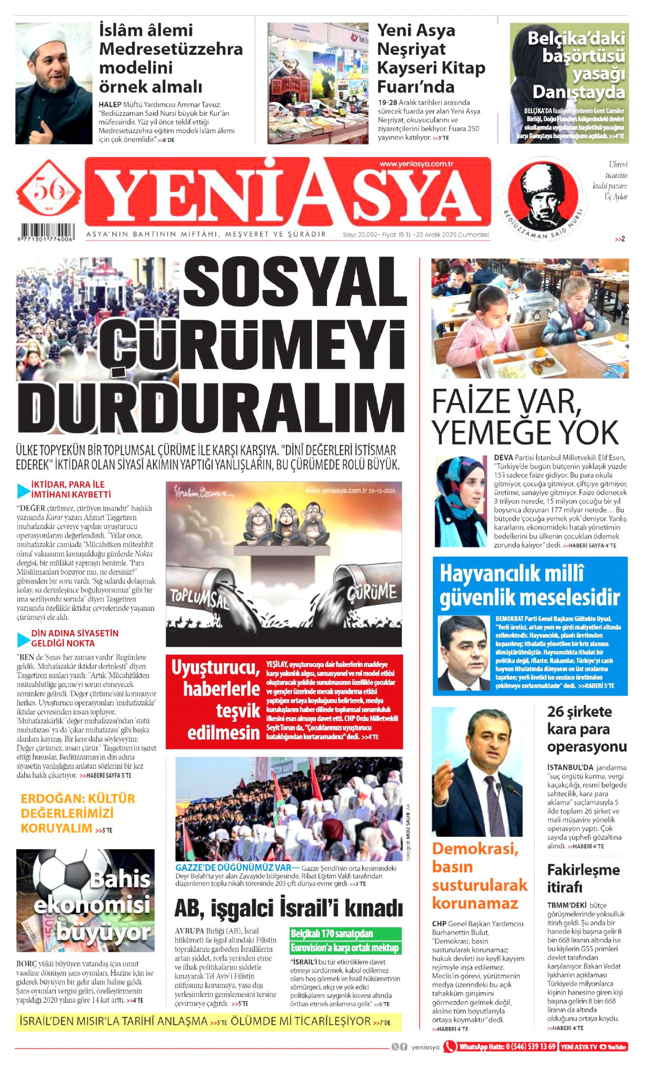 YENİ ASYA gazetesinin 20 Aralık 2025 tarihli birinci sayfası