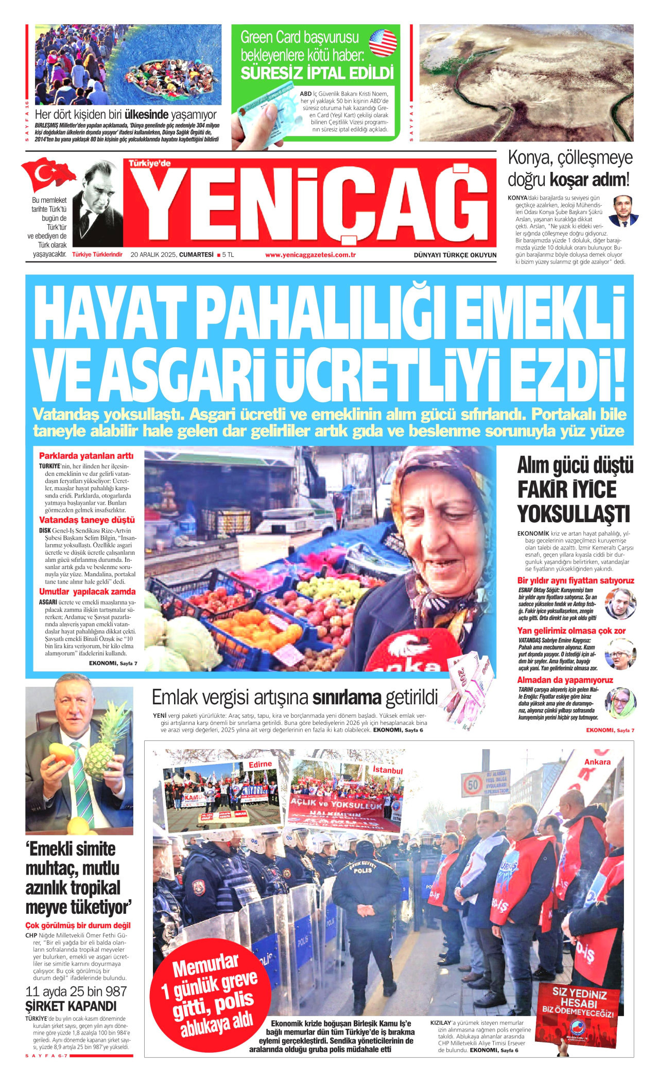 YENİÇAĞ gazetesinin 20 Aralık 2025 tarihli birinci sayfası