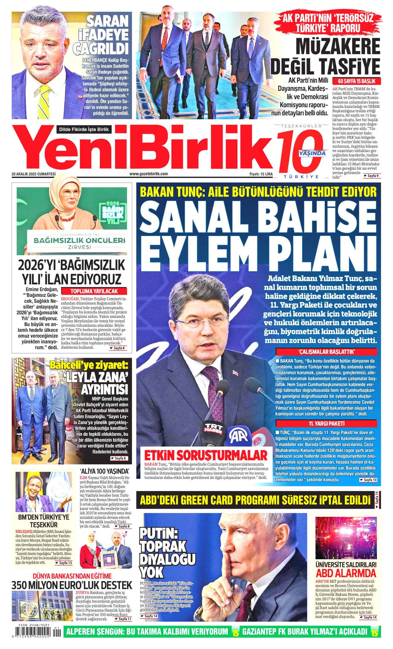 YENİBİRLİK gazetesinin 20 Aralık 2025 tarihli birinci sayfası