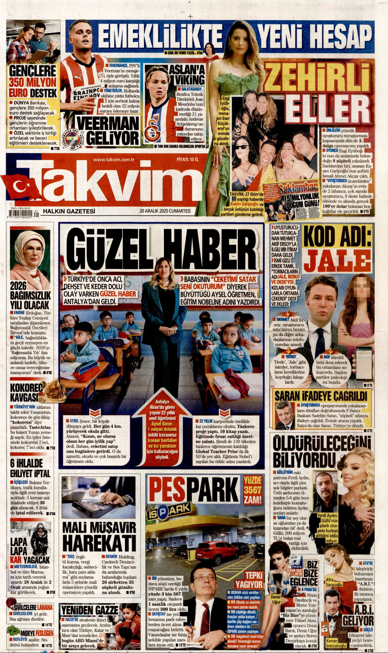 TAKVİM gazetesinin 20 Aralık 2025 tarihli birinci sayfası