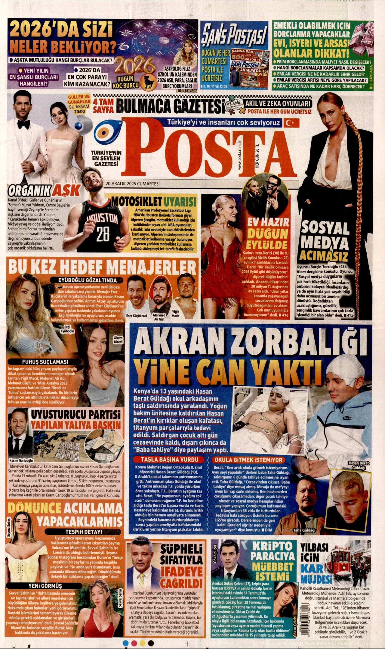 POSTA gazetesinin 20 Aralık 2025 tarihli birinci sayfası