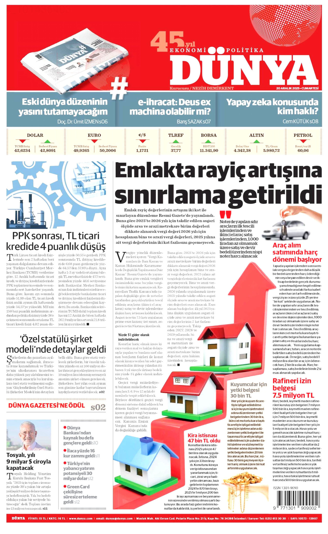 DÜNYA gazetesinin 20 Aralık 2025 tarihli birinci sayfası