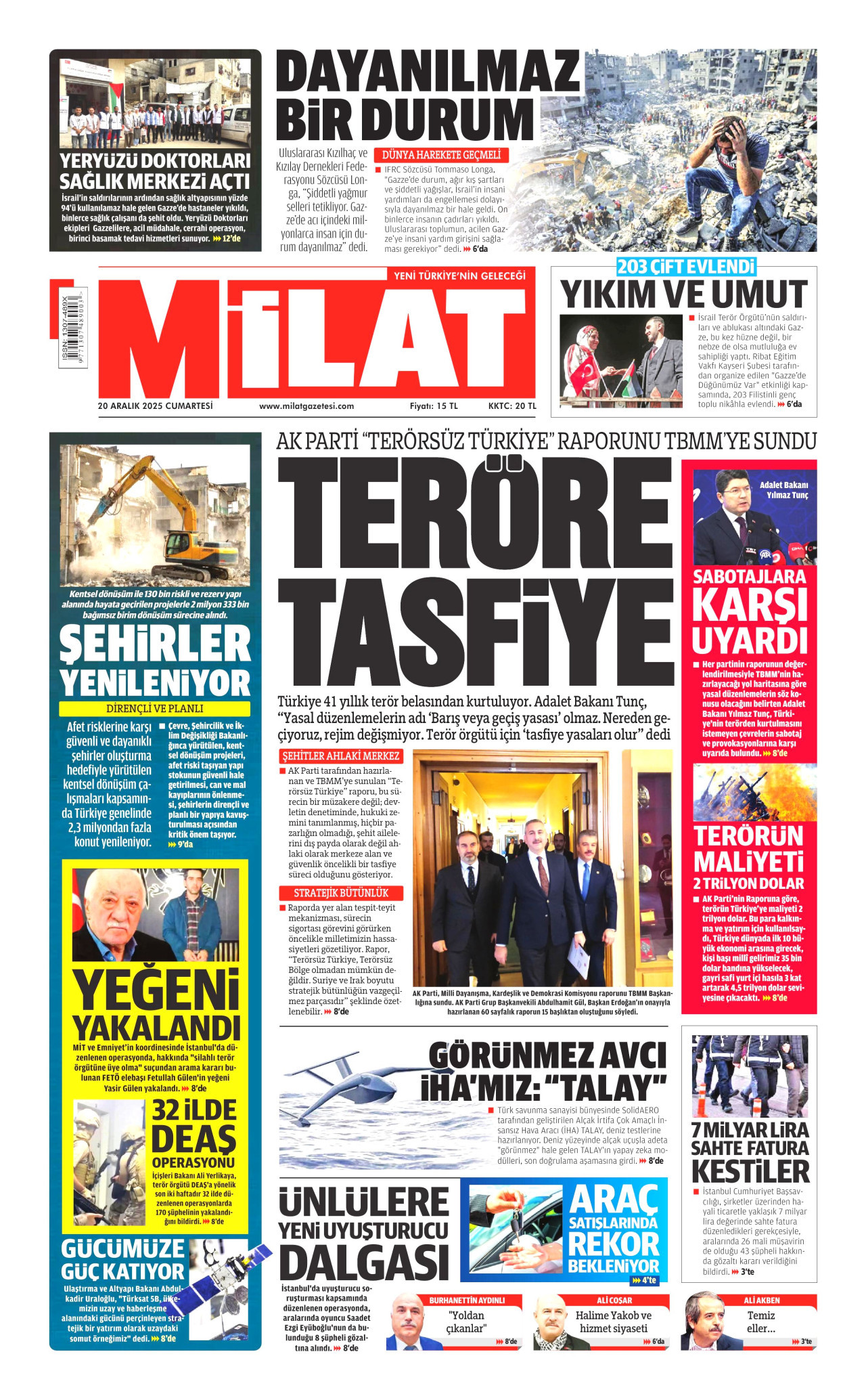MİLAT gazetesinin 20 Aralık 2025 tarihli birinci sayfası