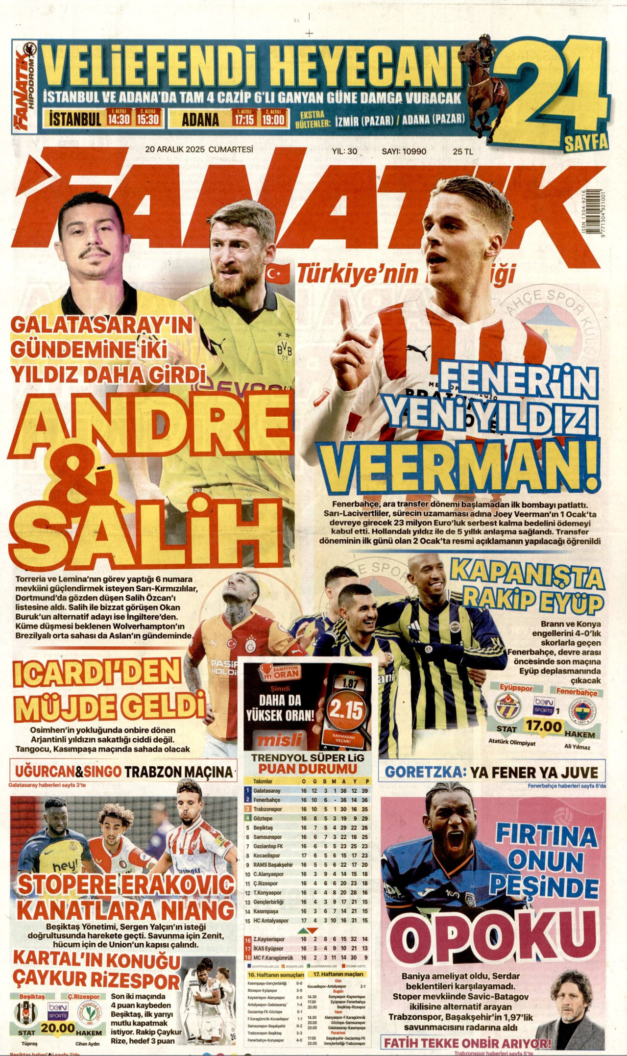 FANATİK gazetesinin 20 Aralık 2025 tarihli birinci sayfası