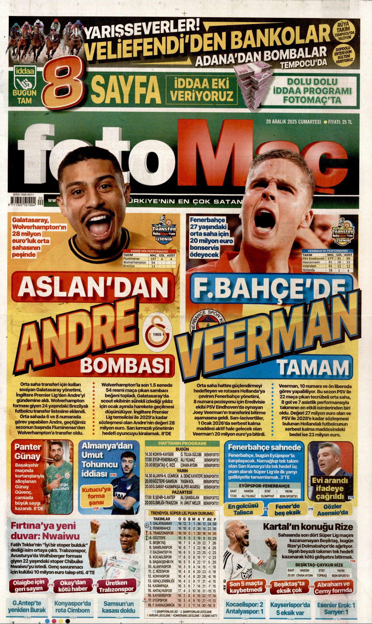 FOTOMAÇ gazetesinin 20 Aralık 2025 tarihli birinci sayfası