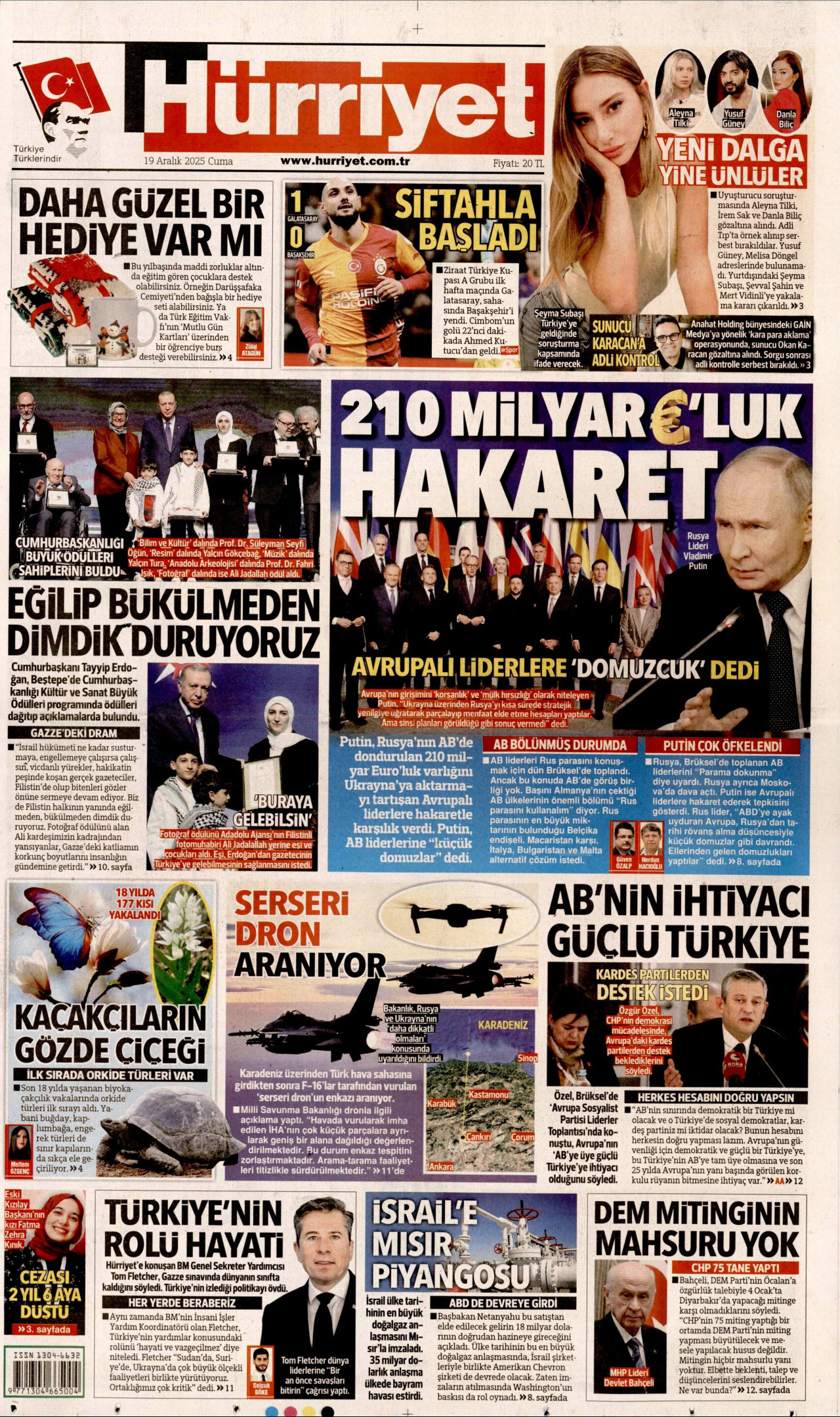 HÜRRİYET gazetesinin 19 Aralık 2025 tarihli birinci sayfası