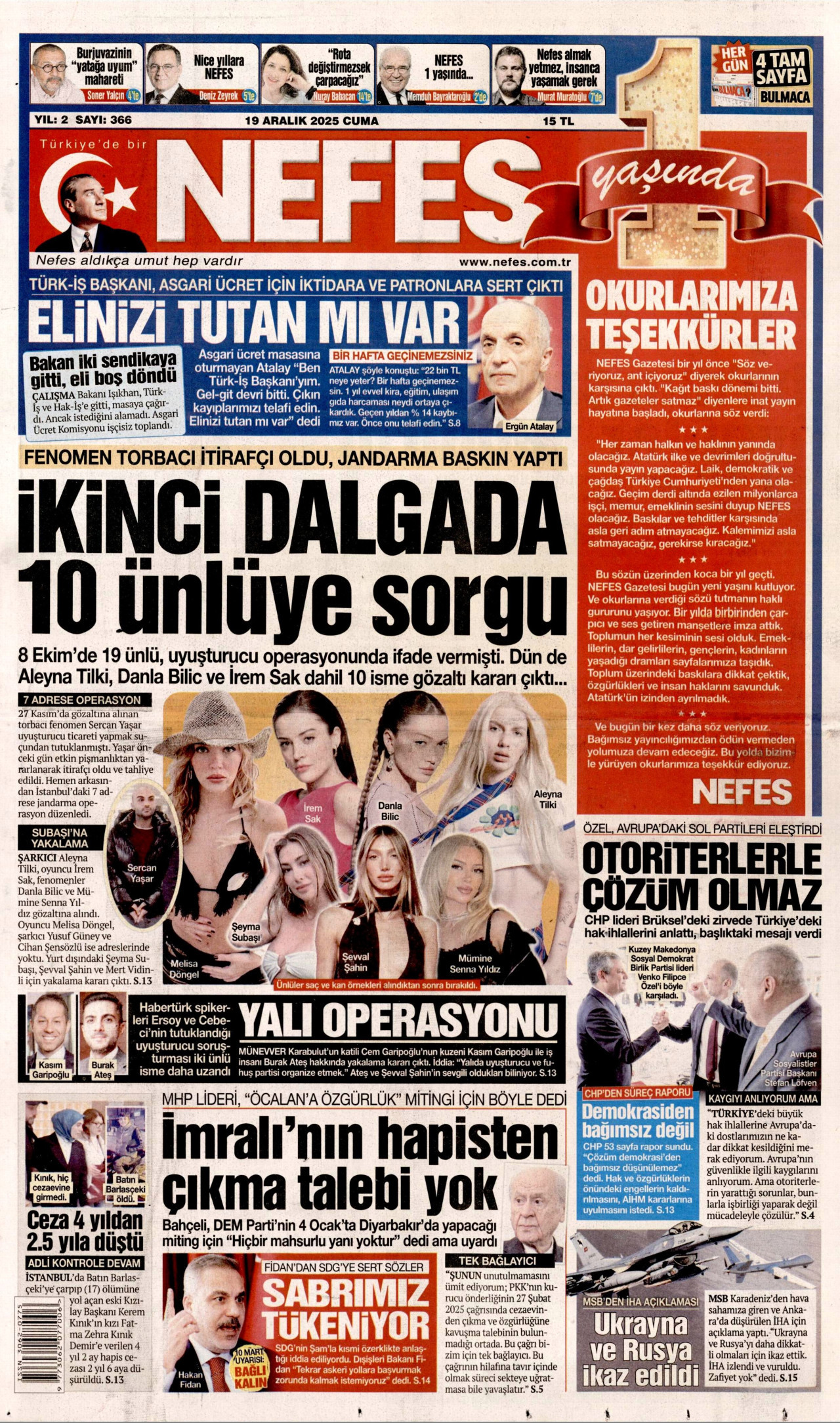 NEFES gazetesinin 19 Aralık 2025 tarihli birinci sayfası