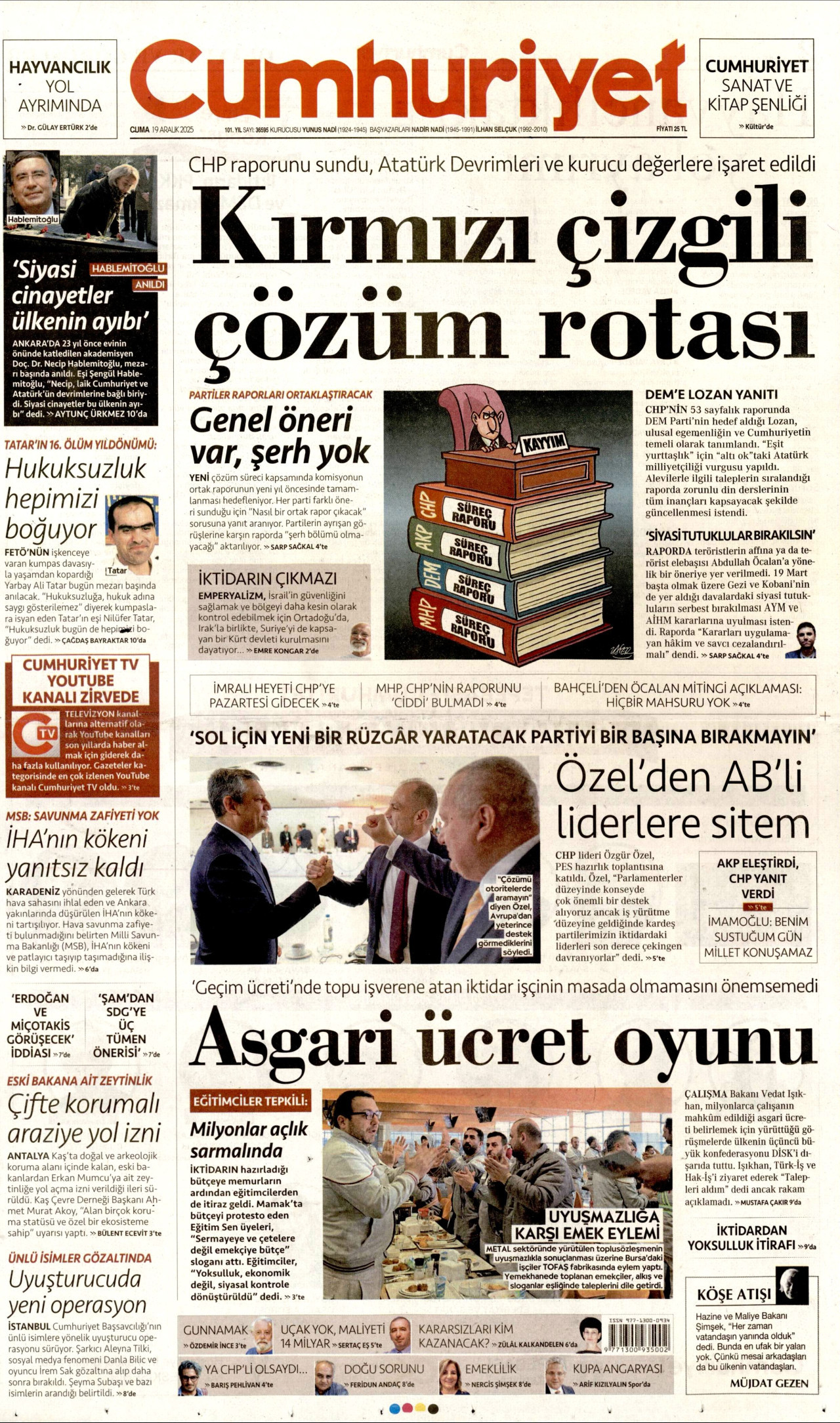 CUMHURİYET gazetesinin 19 Aralık 2025 tarihli birinci sayfası