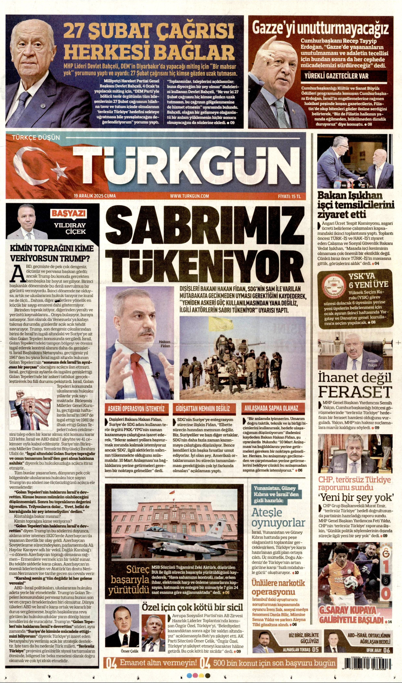 TÜRKGÜN gazetesinin 19 Aralık 2025 tarihli birinci sayfası