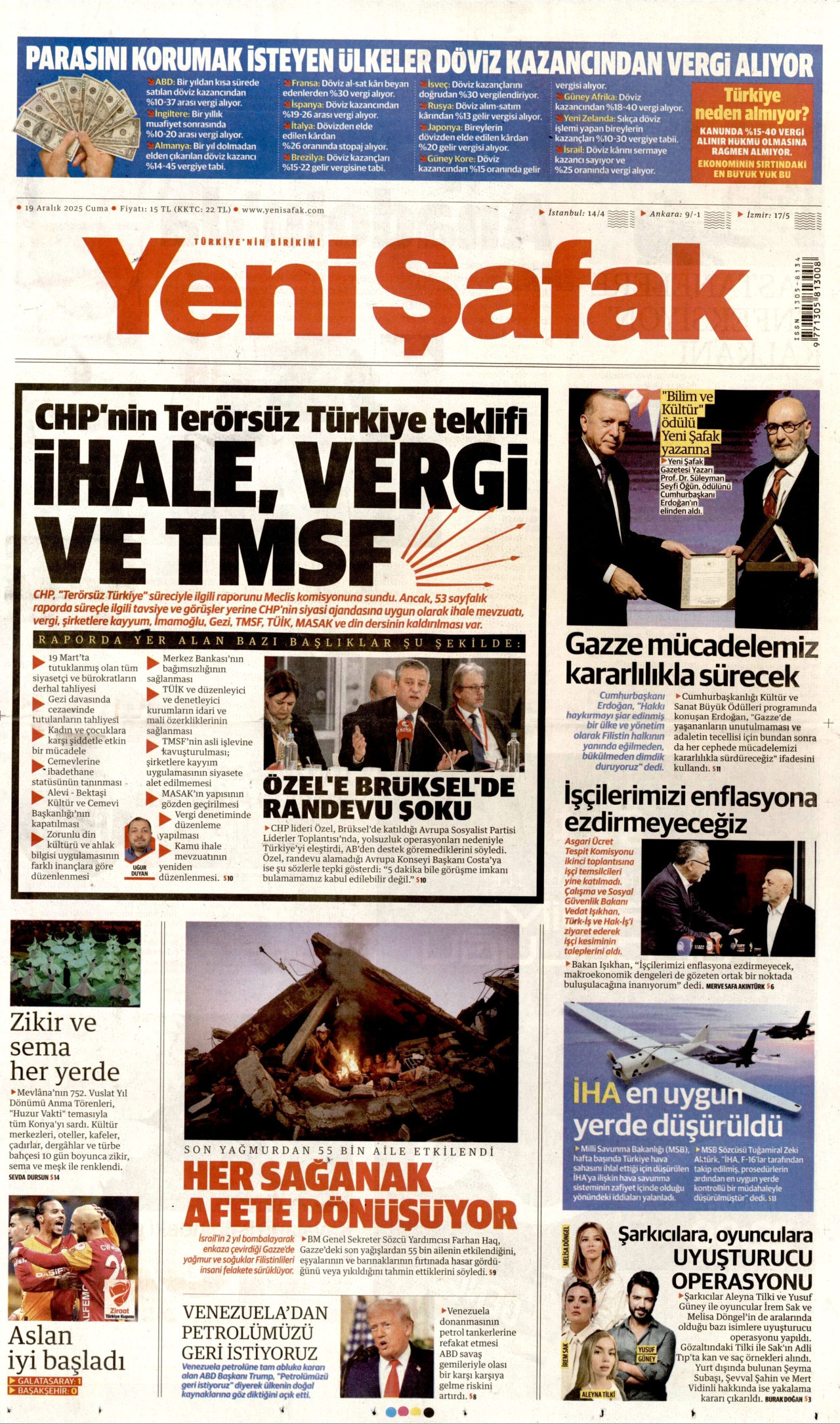 YENİ ŞAFAK gazetesinin 19 Aralık 2025 tarihli birinci sayfası