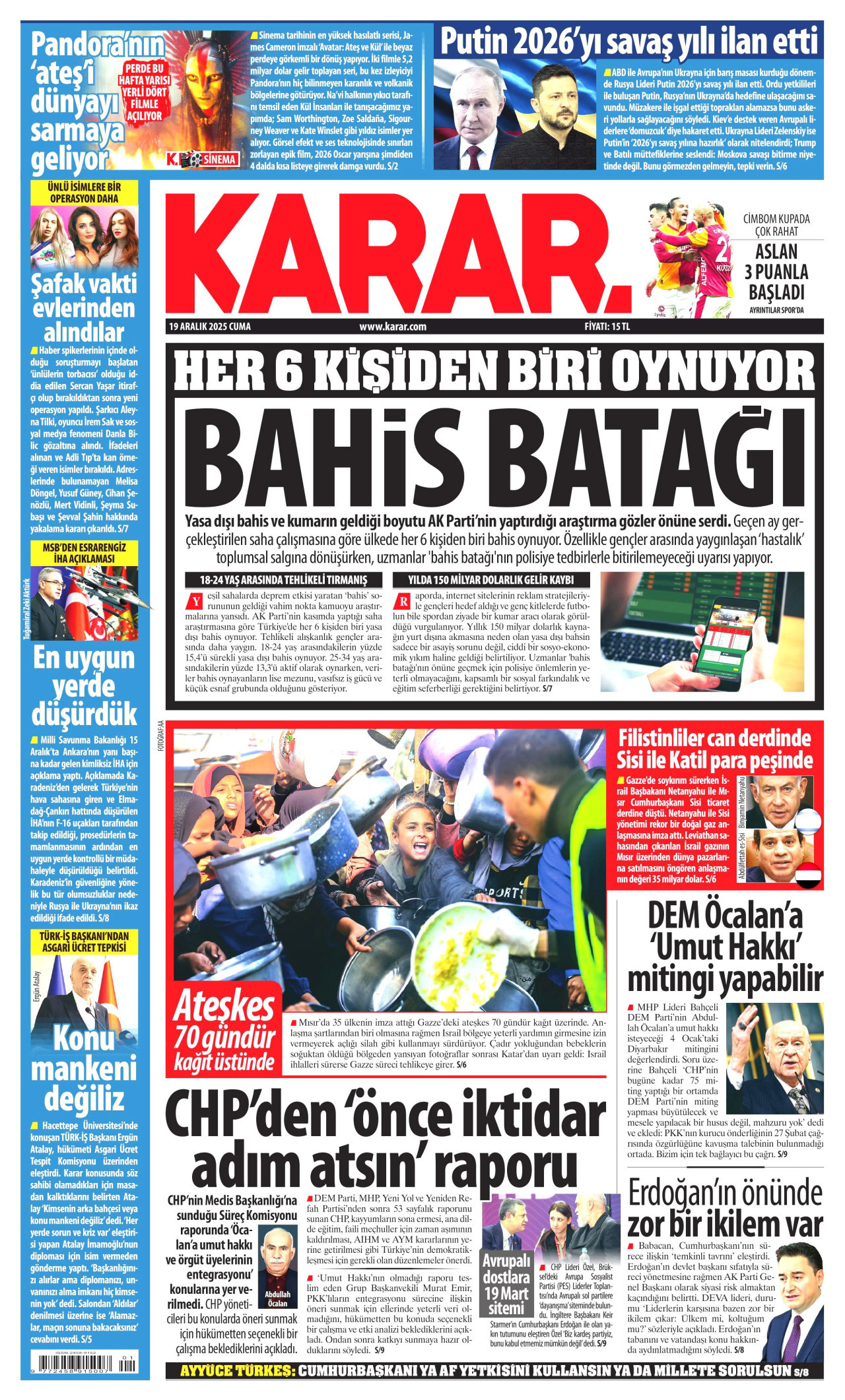 KARAR gazetesinin 19 Aralık 2025 tarihli birinci sayfası