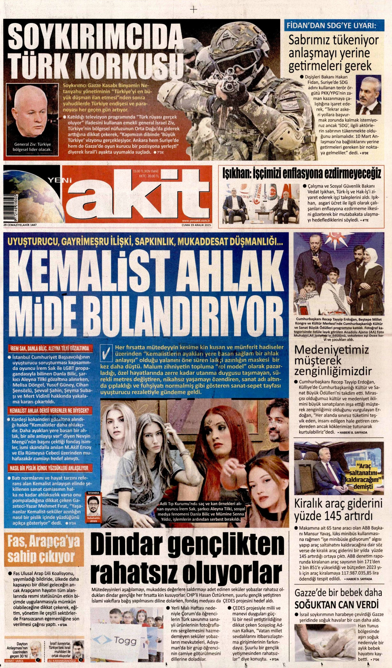 YENİ AKİT gazetesinin 19 Aralık 2025 tarihli birinci sayfası
