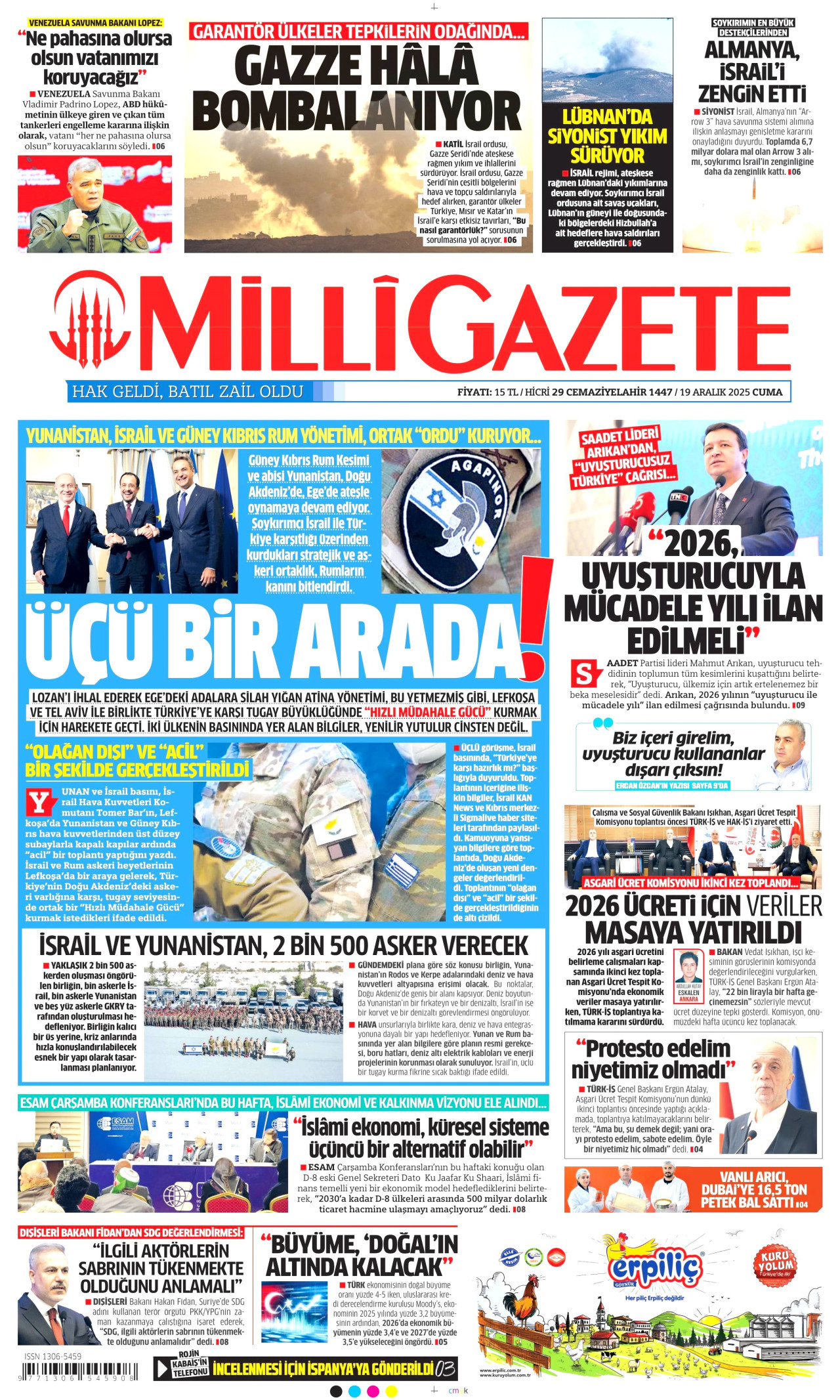 MİLLİ GAZETE gazetesinin 19 Aralık 2025 tarihli birinci sayfası