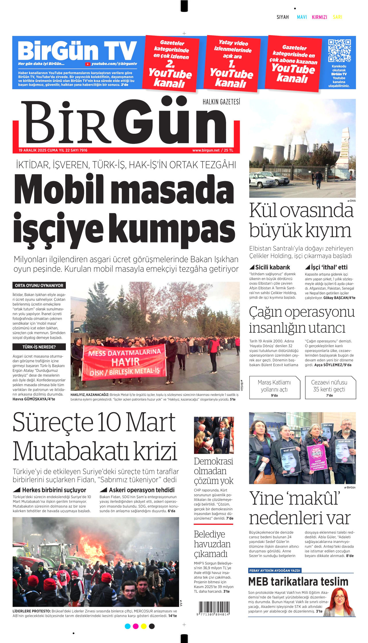 BİRGÜN gazetesinin 19 Aralık 2025 tarihli birinci sayfası