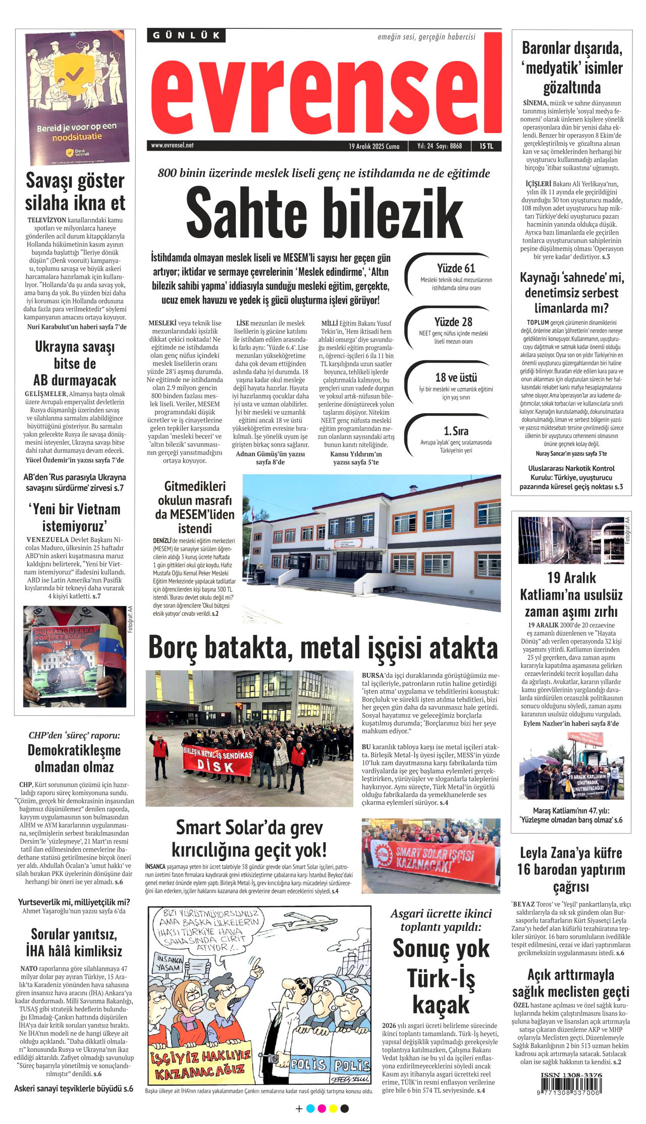 EVRENSEL gazetesinin 19 Aralık 2025 tarihli birinci sayfası