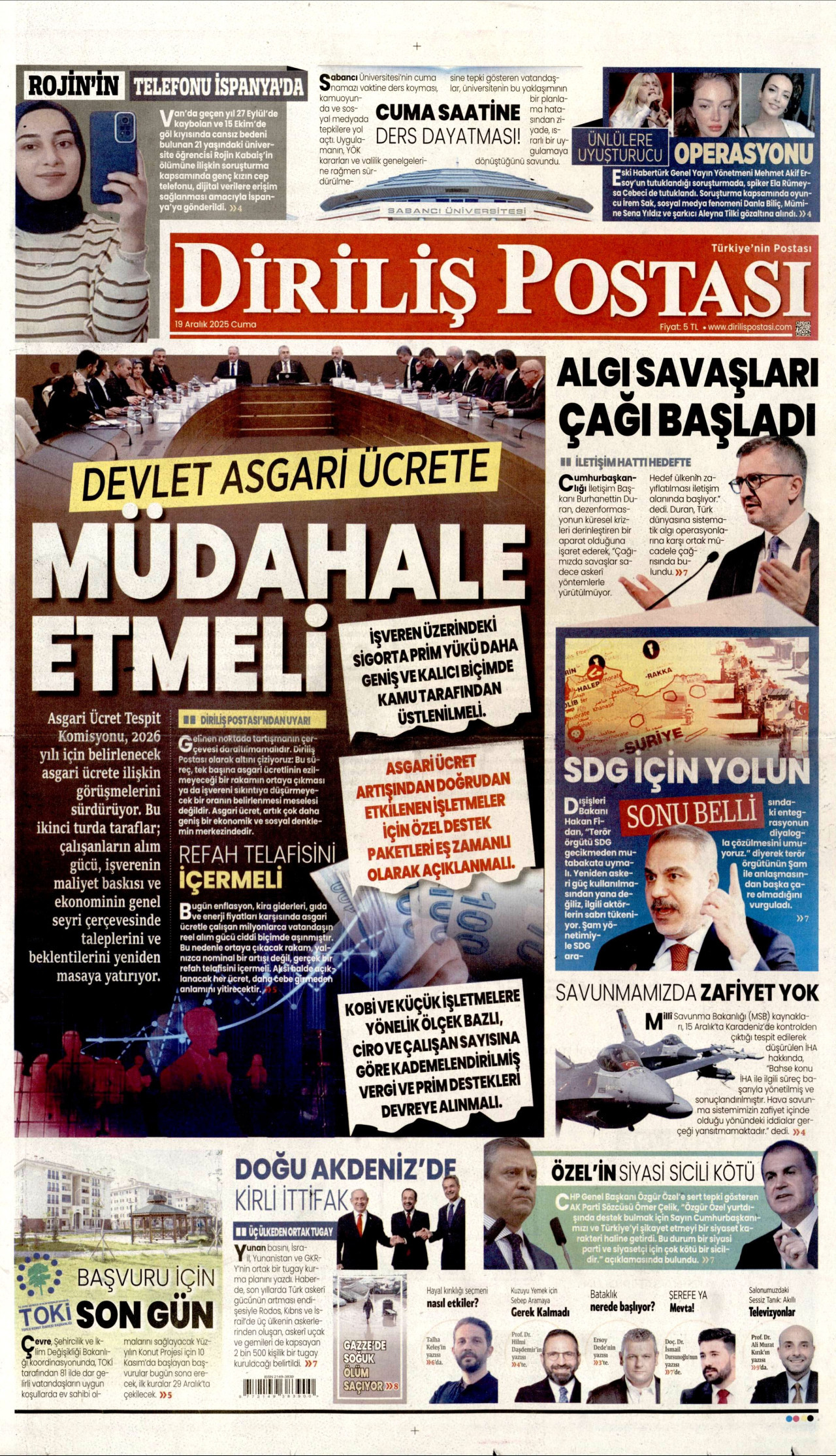 DİRİLİŞ POSTASI gazetesinin 19 Aralık 2025 tarihli birinci sayfası