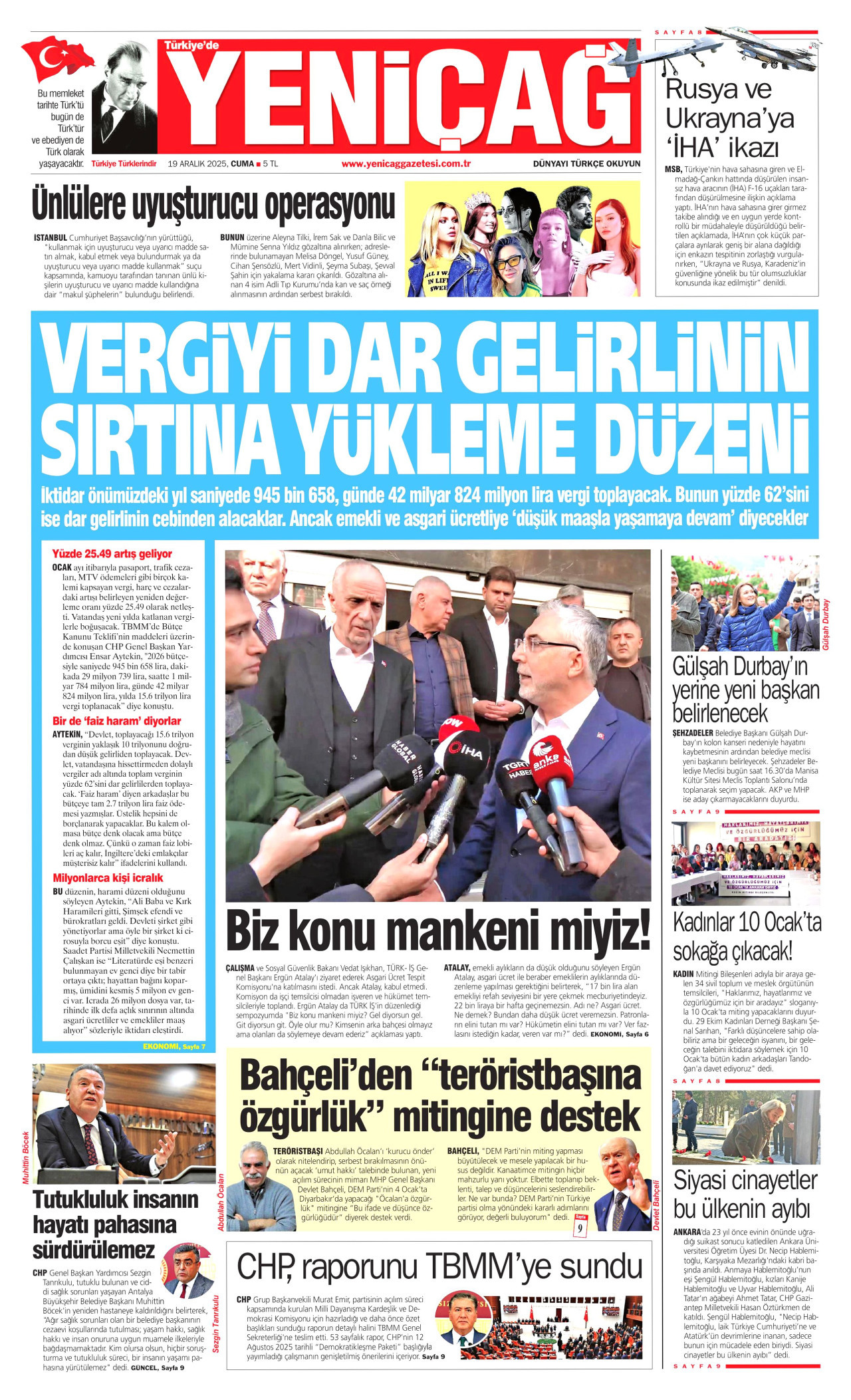 YENİÇAĞ gazetesinin 19 Aralık 2025 tarihli birinci sayfası