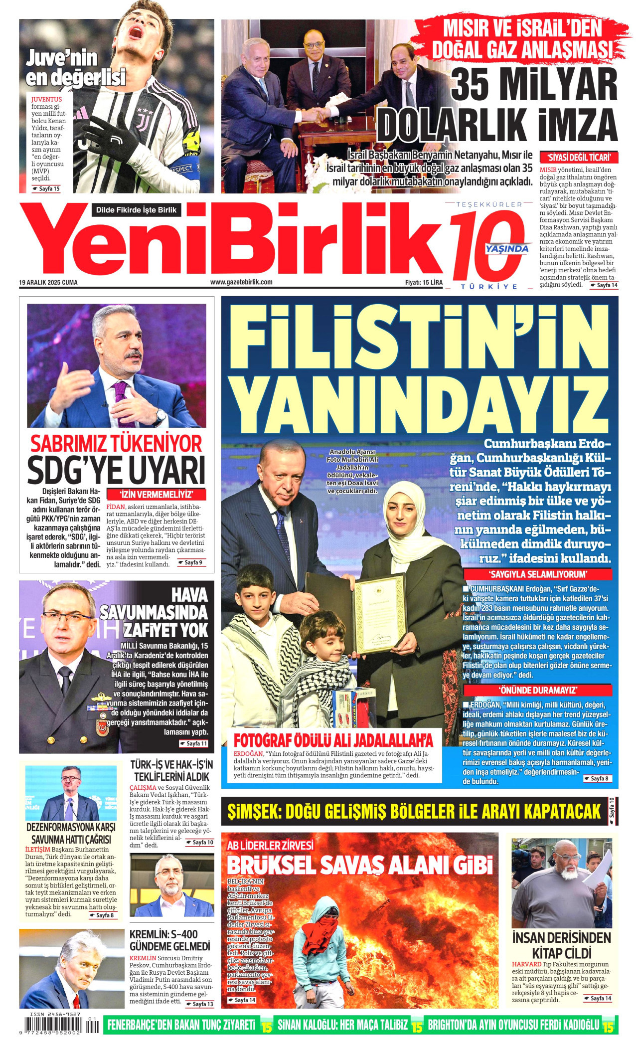 YENİBİRLİK gazetesinin 19 Aralık 2025 tarihli birinci sayfası
