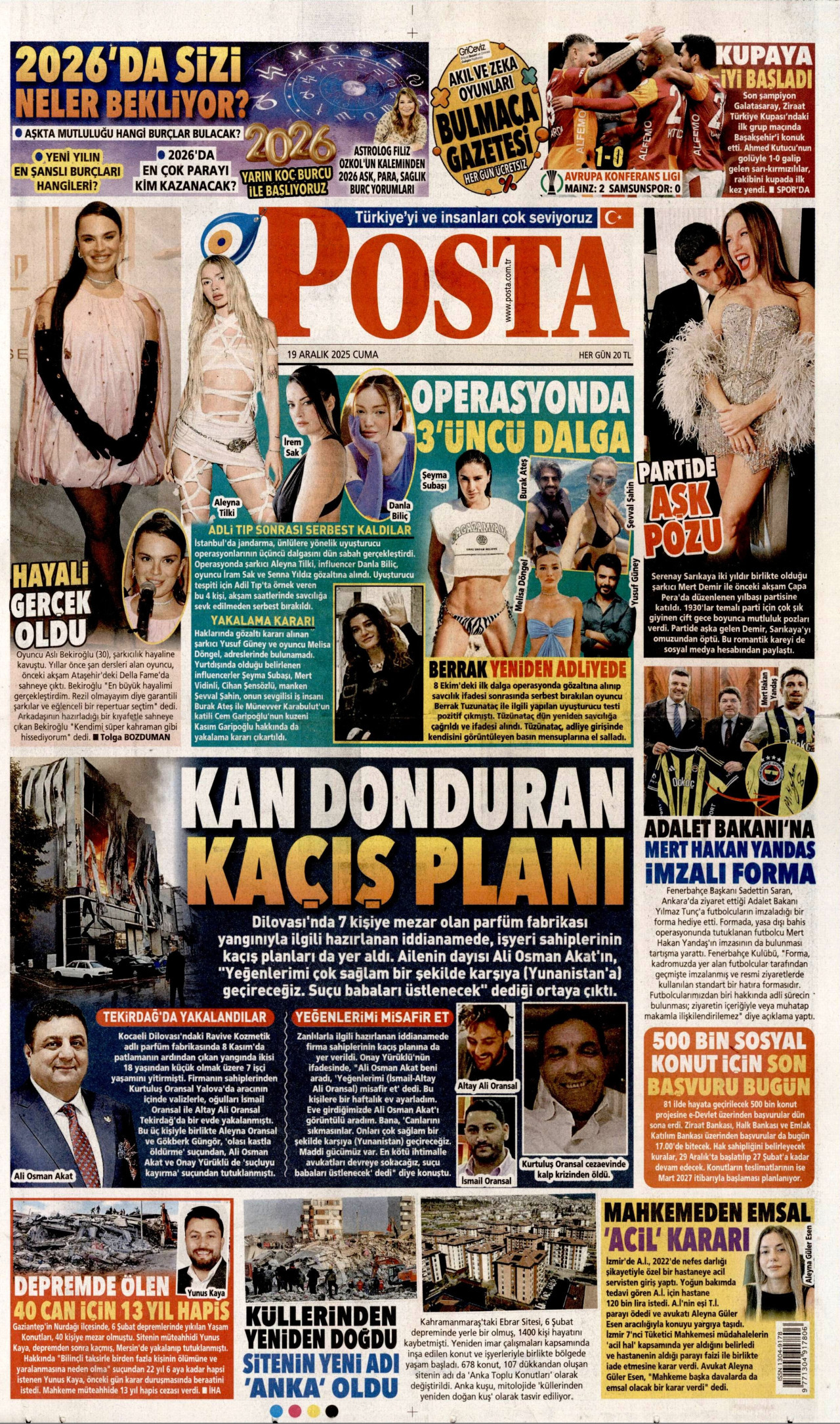 POSTA gazetesinin 19 Aralık 2025 tarihli birinci sayfası