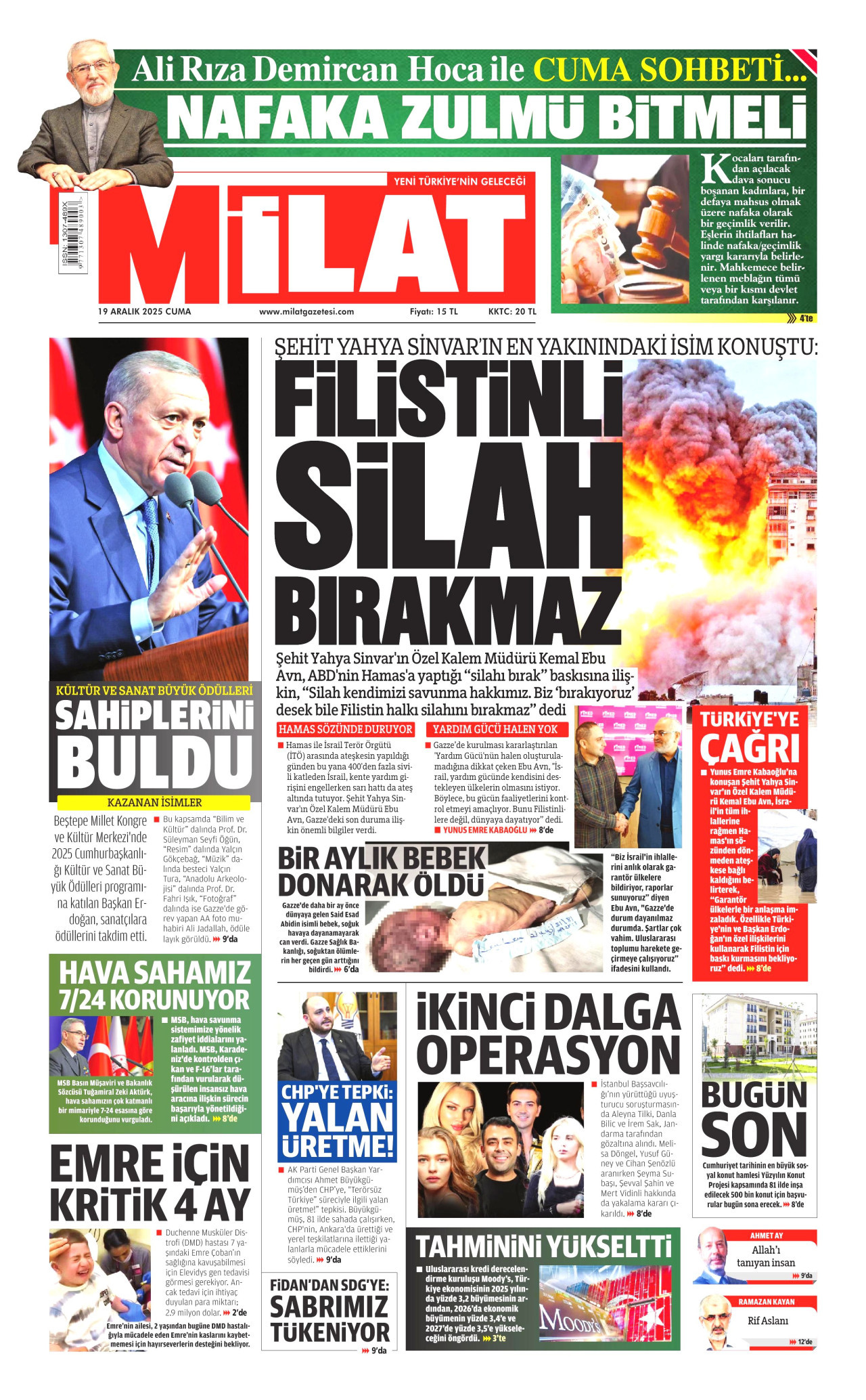 MİLAT gazetesinin 19 Aralık 2025 tarihli birinci sayfası