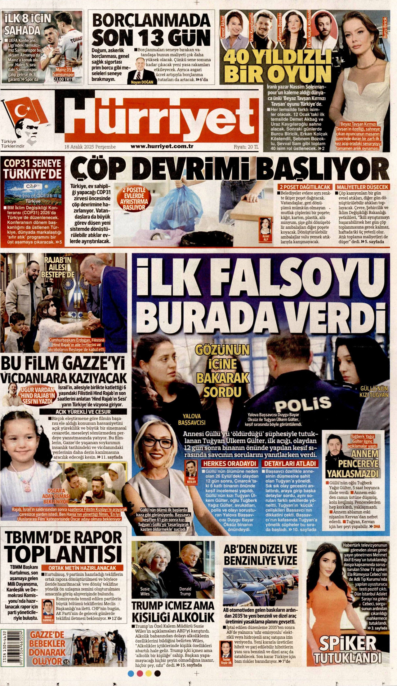 HÜRRİYET gazetesinin 18 Aralık 2025 tarihli birinci sayfası