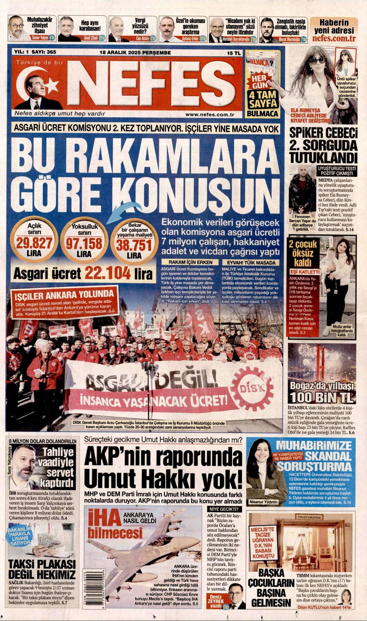NEFES gazetesinin 18 Aralık 2025 tarihli birinci sayfası