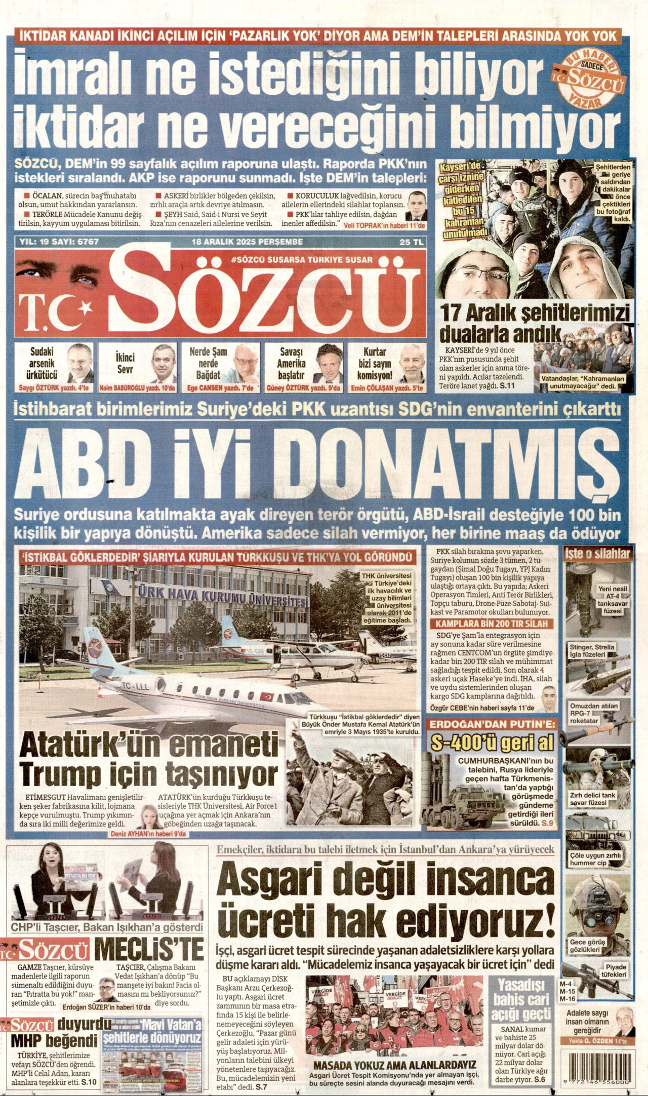 SÖZCÜ gazetesinin 18 Aralık 2025 tarihli birinci sayfası