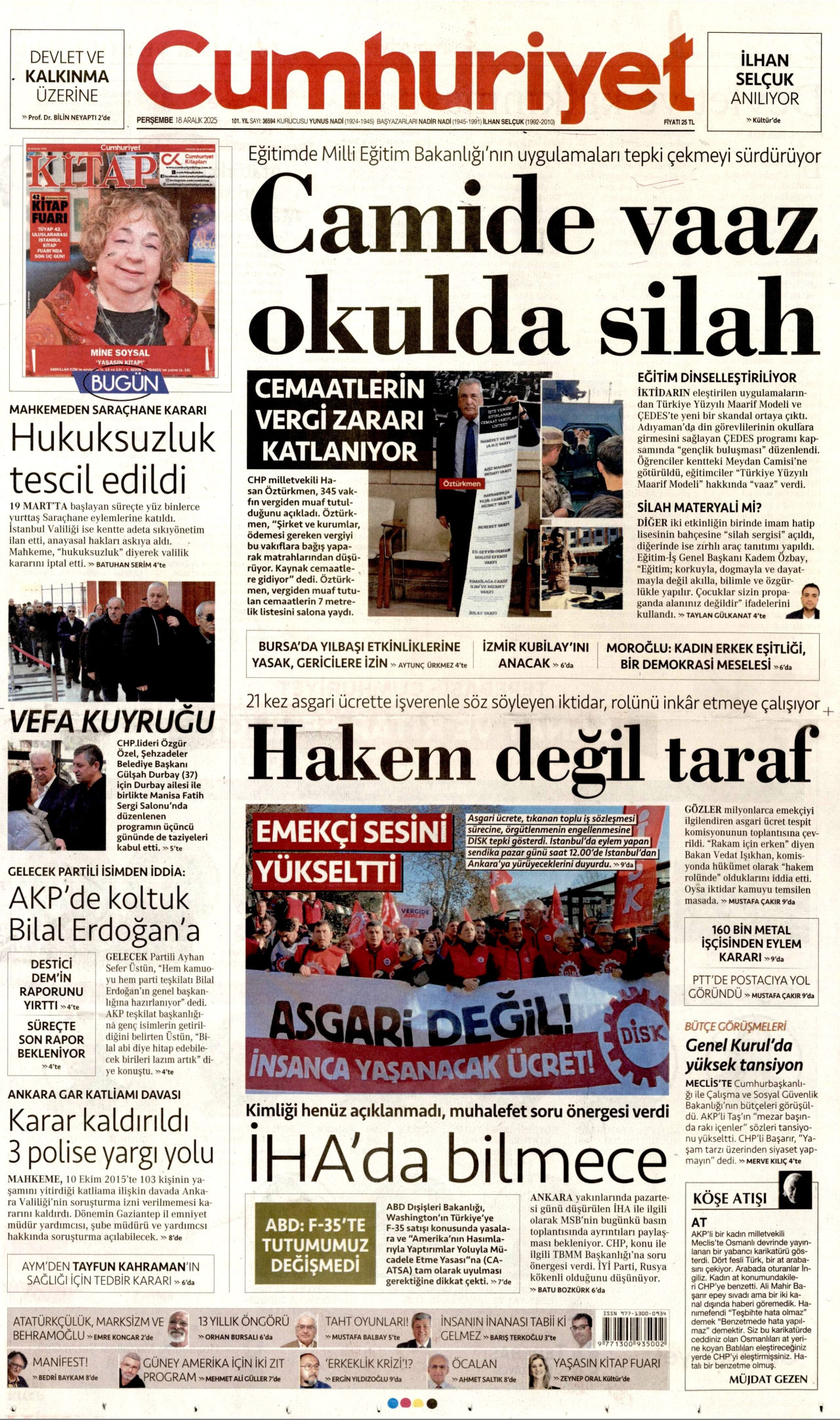 CUMHURİYET gazetesinin 18 Aralık 2025 tarihli birinci sayfası