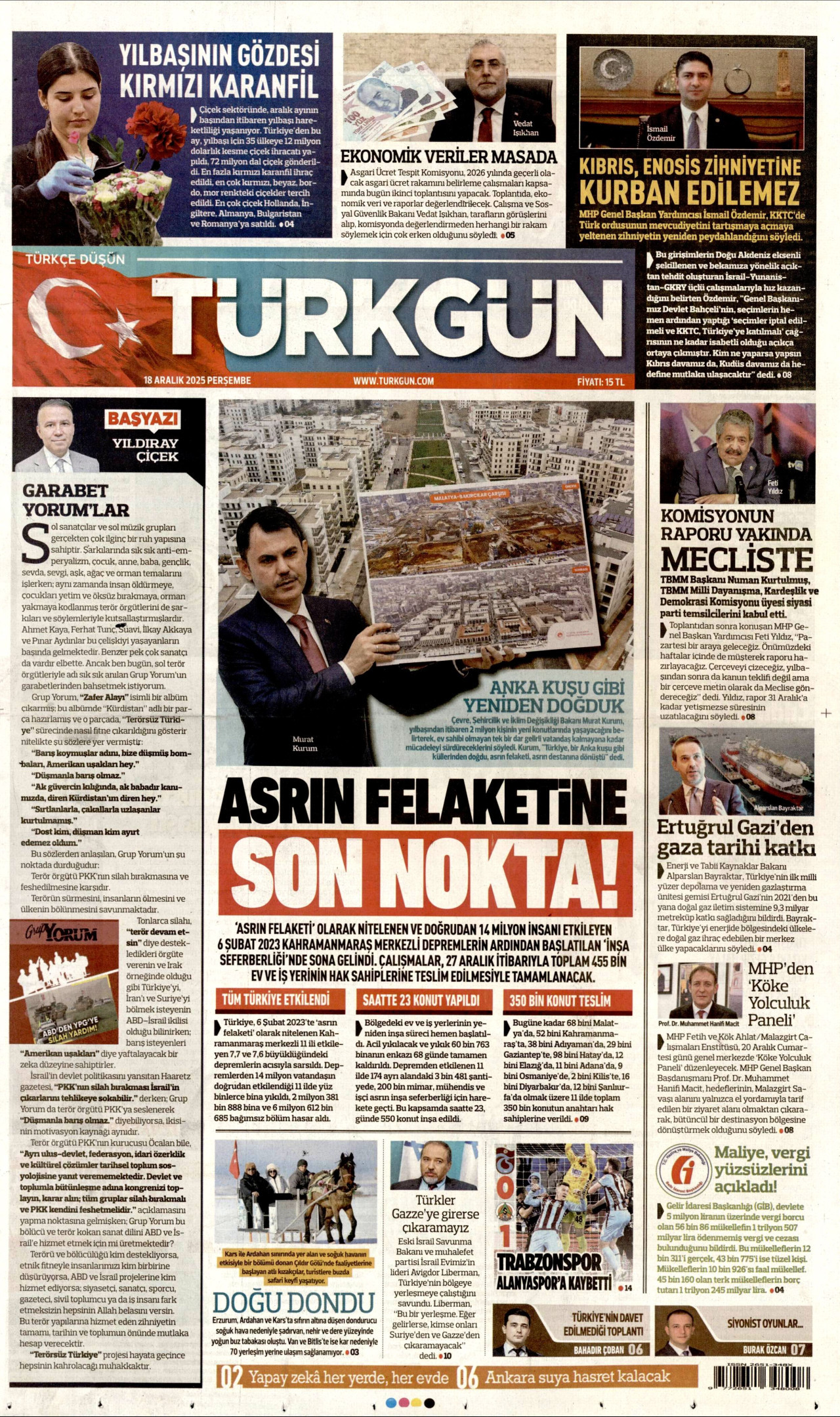 TÜRKGÜN gazetesinin 18 Aralık 2025 tarihli birinci sayfası