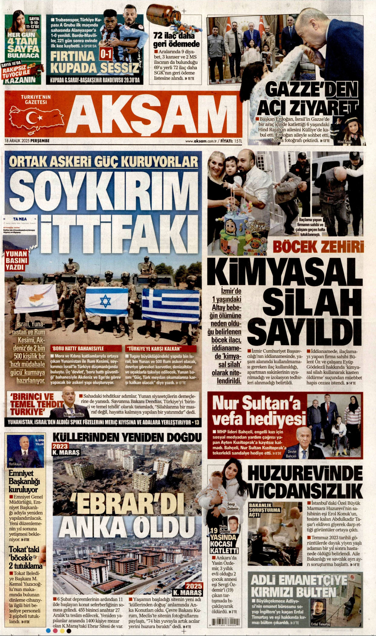 AKŞAM gazetesinin 18 Aralık 2025 tarihli birinci sayfası