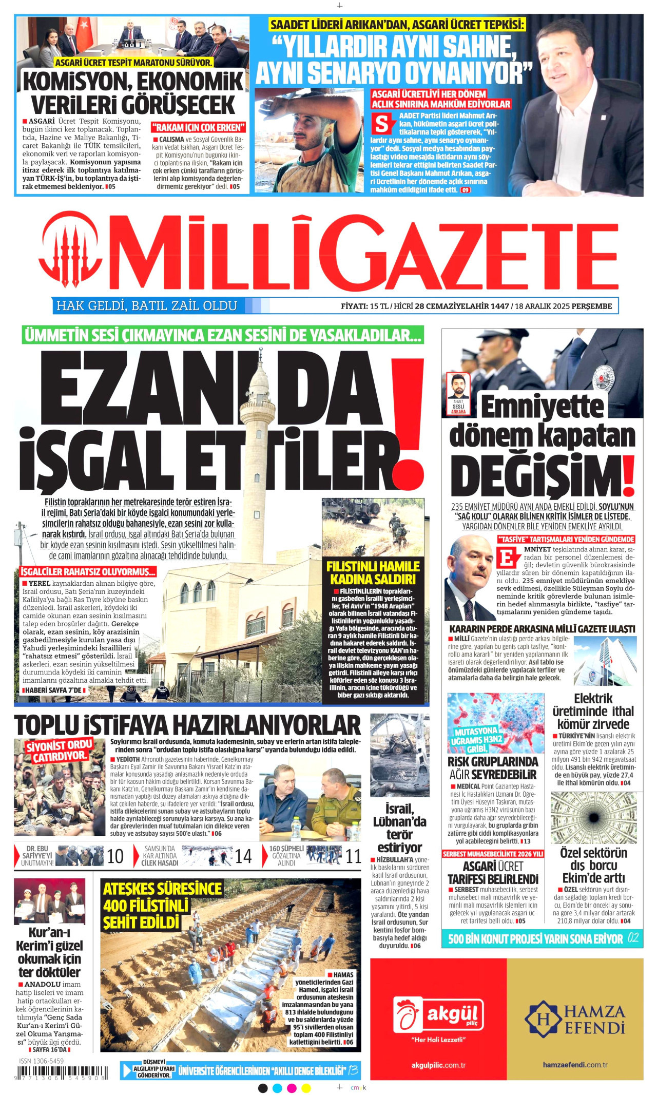 MİLLİ GAZETE gazetesinin 18 Aralık 2025 tarihli birinci sayfası