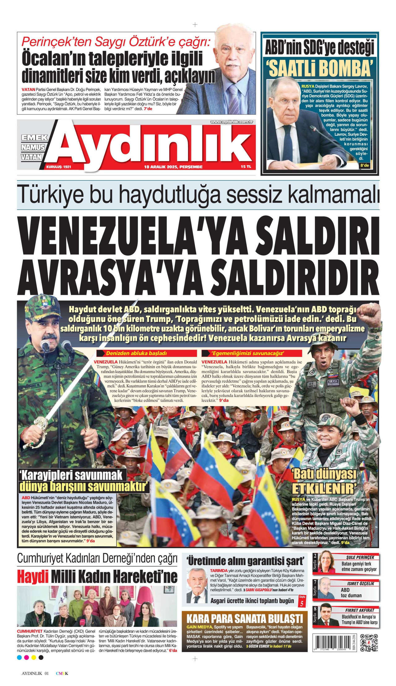 AYDINLIK GAZETESİ gazetesinin 18 Aralık 2025 tarihli birinci sayfası