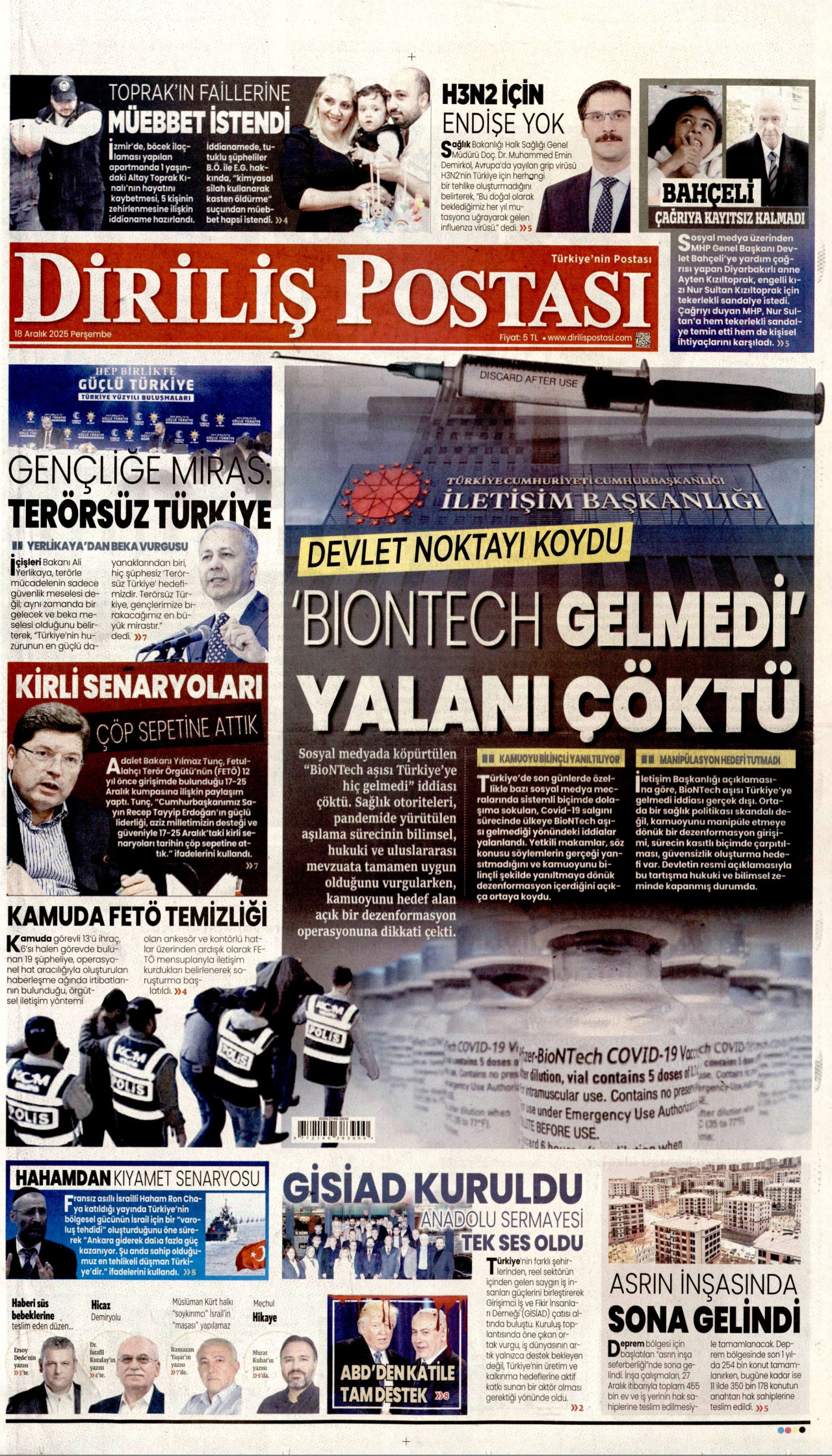 DİRİLİŞ POSTASI gazetesinin 18 Aralık 2025 tarihli birinci sayfası