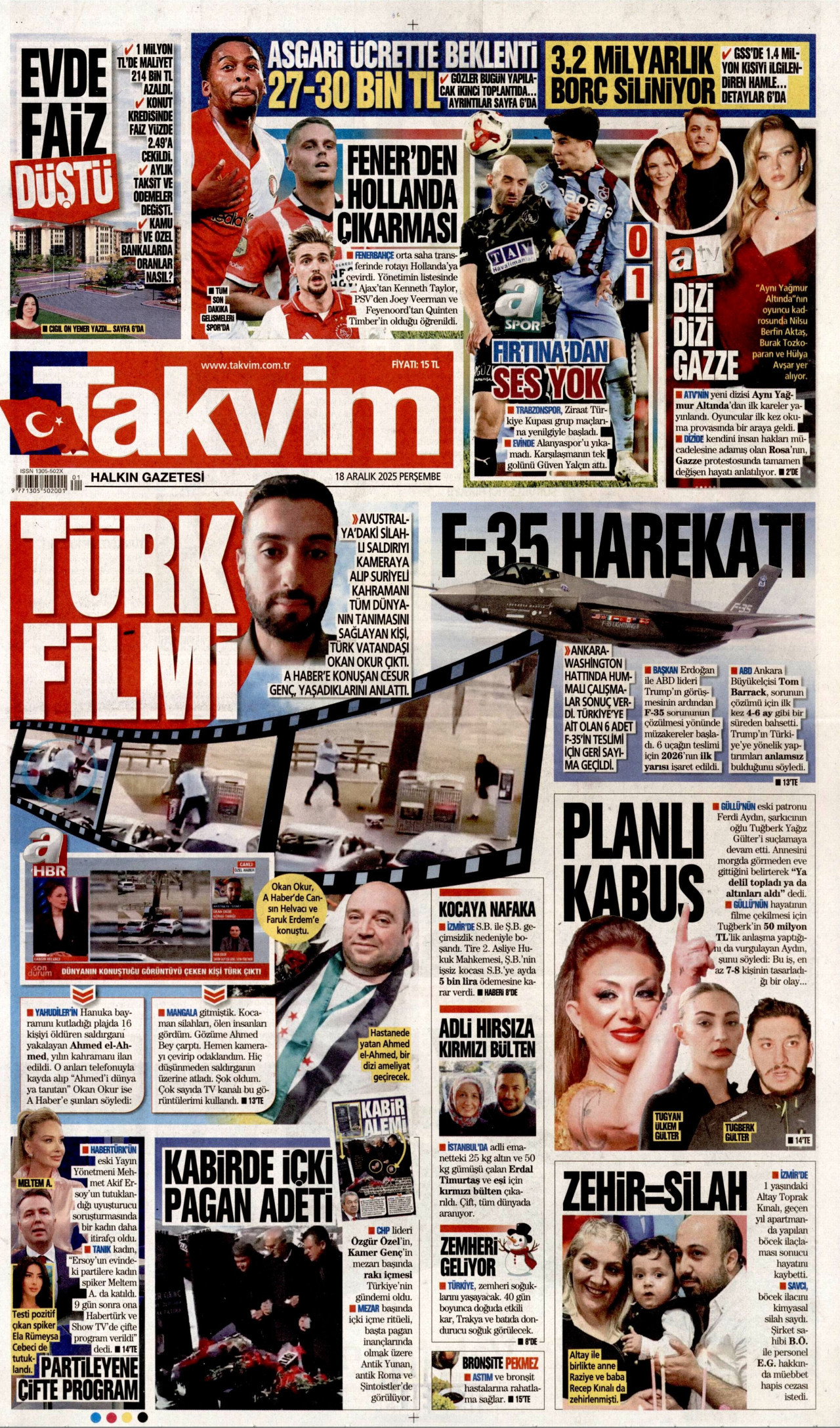 TAKVİM gazetesinin 18 Aralık 2025 tarihli birinci sayfası