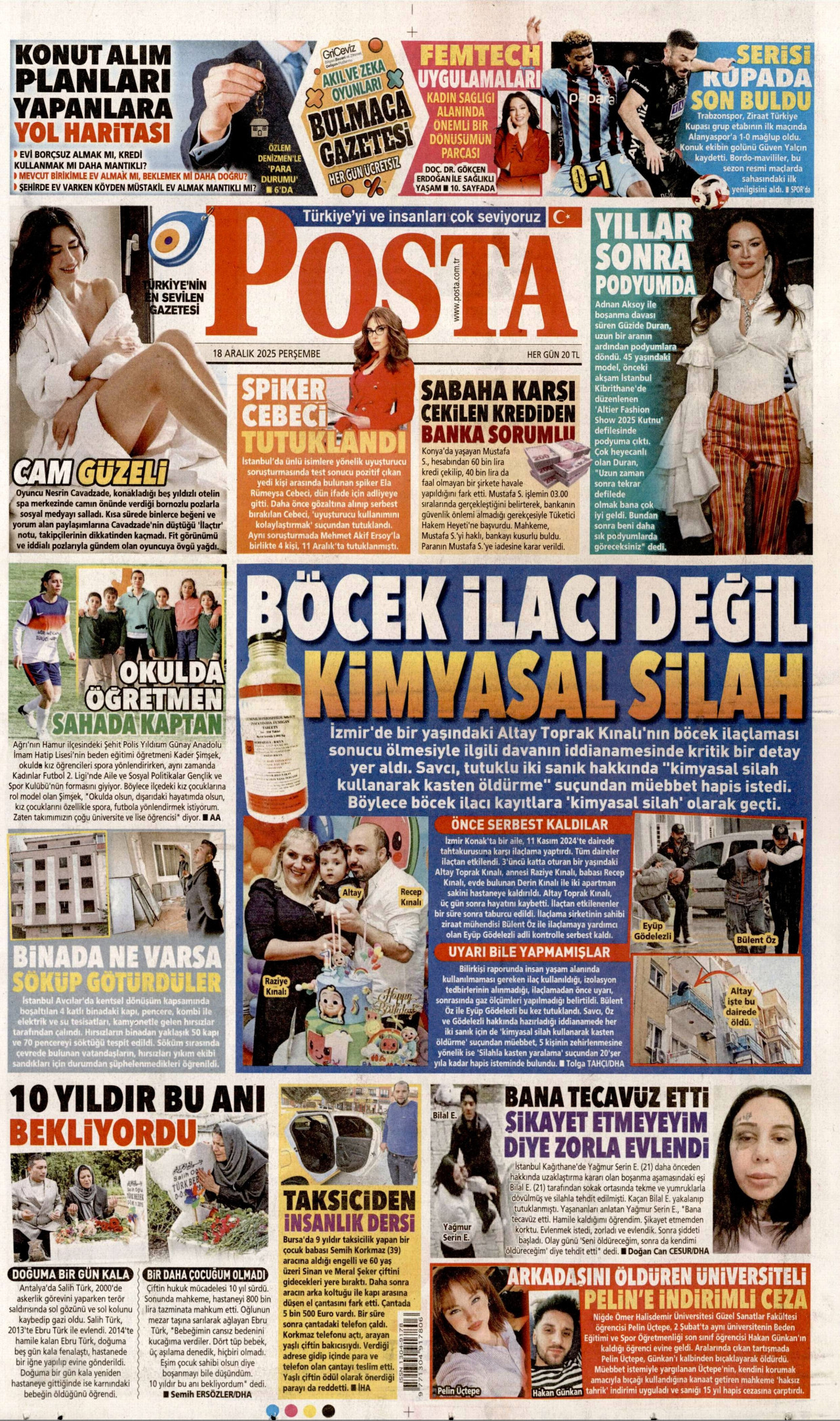 POSTA gazetesinin 18 Aralık 2025 tarihli birinci sayfası