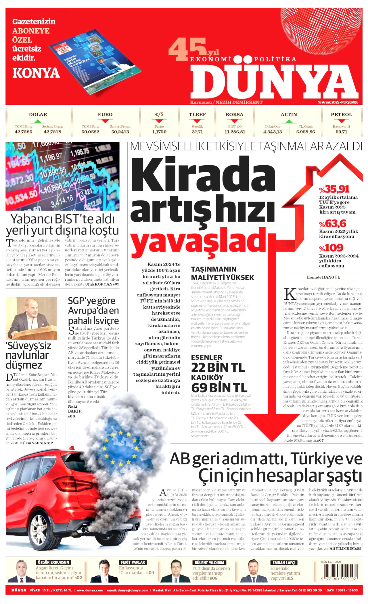 DÜNYA gazetesinin 18 Aralık 2025 tarihli birinci sayfası