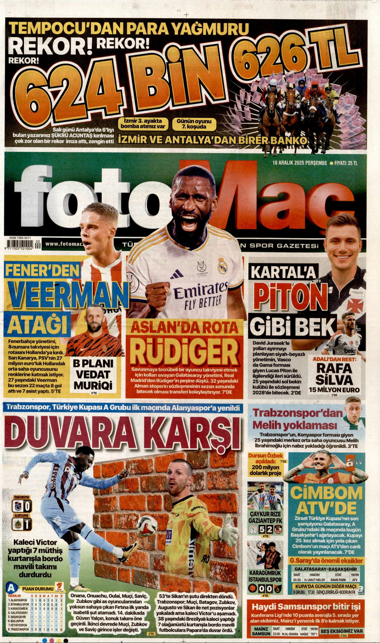 FOTOMAÇ gazetesinin 18 Aralık 2025 tarihli birinci sayfası