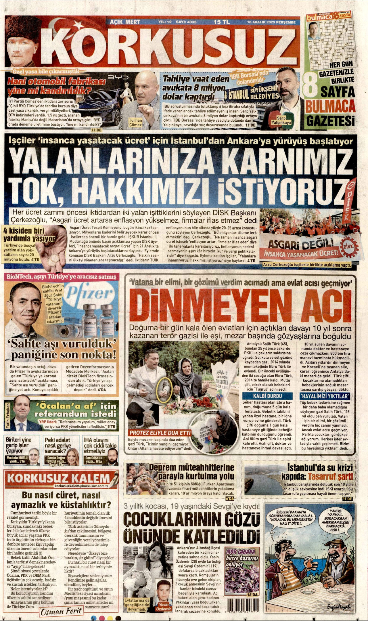 KORKUSUZ gazetesinin 18 Aralık 2025 tarihli birinci sayfası