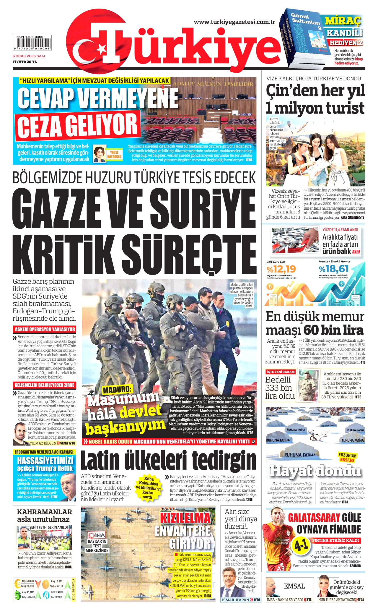TÜRKİYE GAZETESİ gazetesinin 6 Ocak 2026 tarihli birinci sayfası